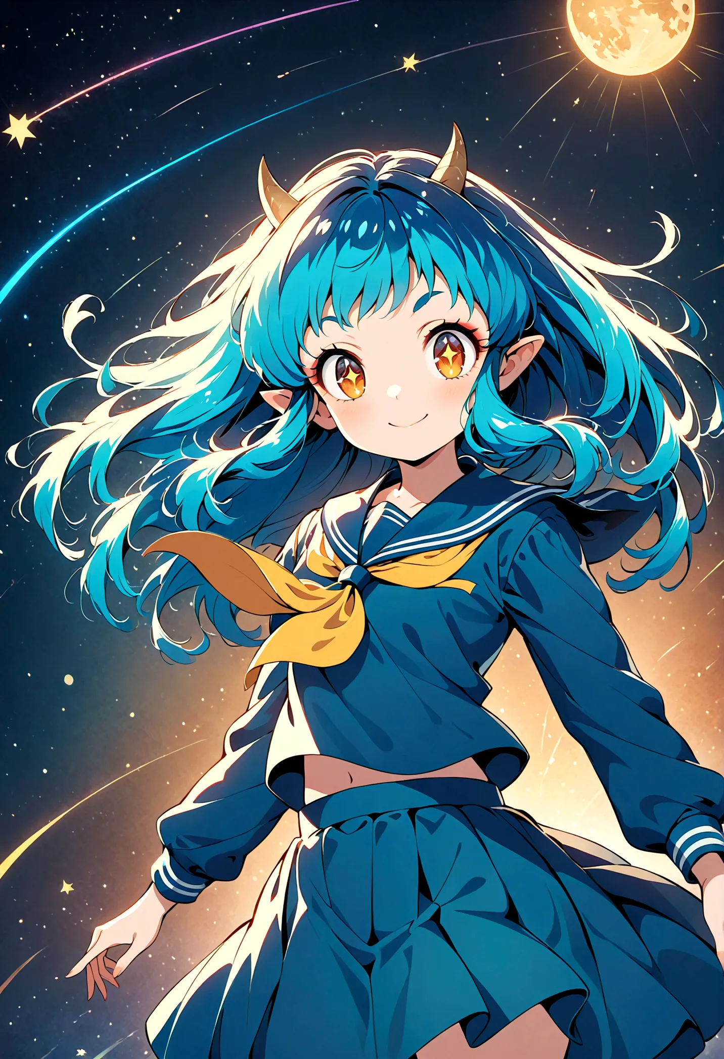 takahashi rumiko style,(1 girl,Lum,long hair,bangs,blue hair,orange eyes,horns,pointy ears,aqua hair,oni horns,(eyeshadow),(shir...