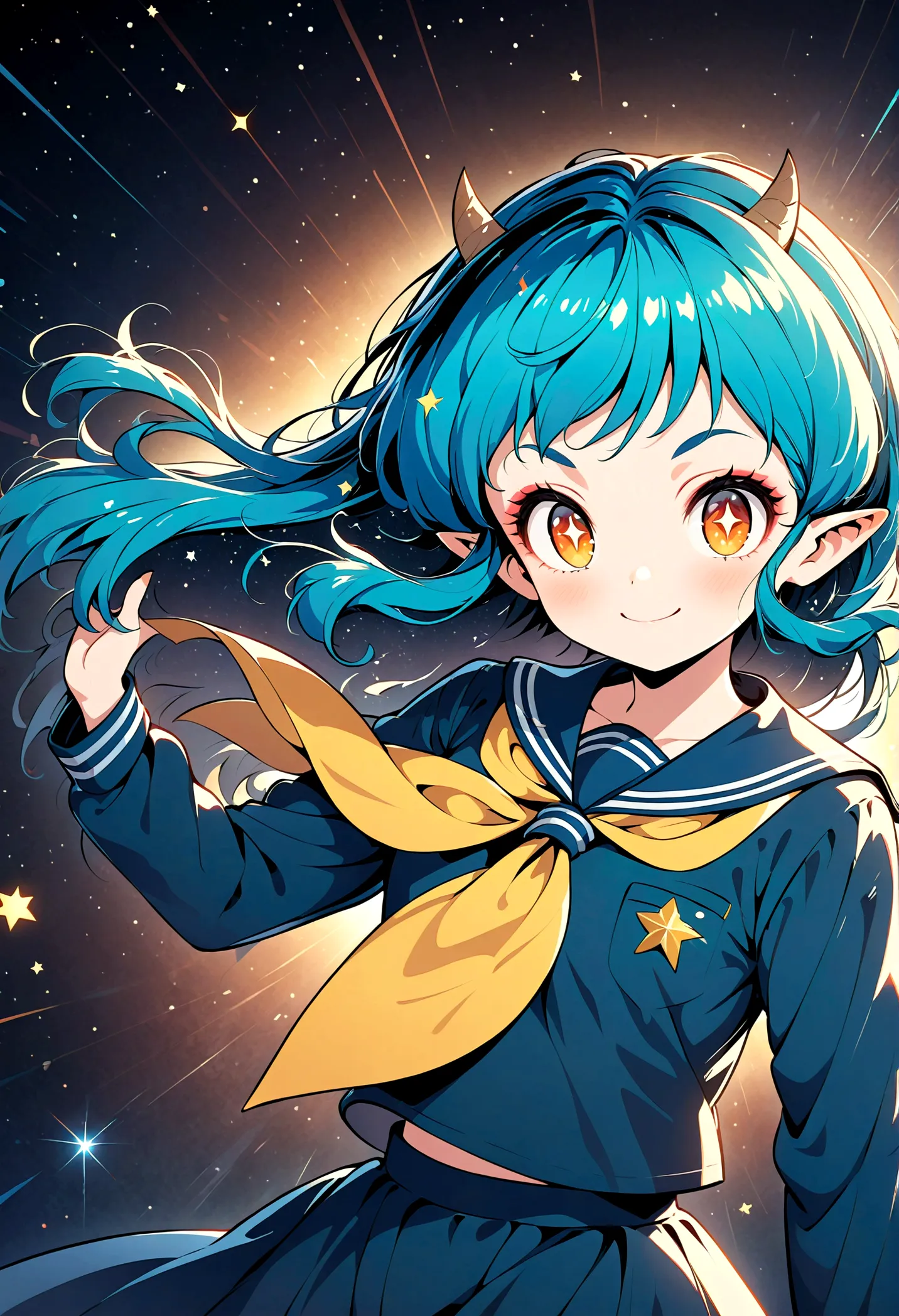 takahashi rumiko style,(1 girl,Lum,long hair,bangs,blue hair,orange eyes,horns,pointy ears,aqua hair,oni horns,(eyeshadow),(shir...