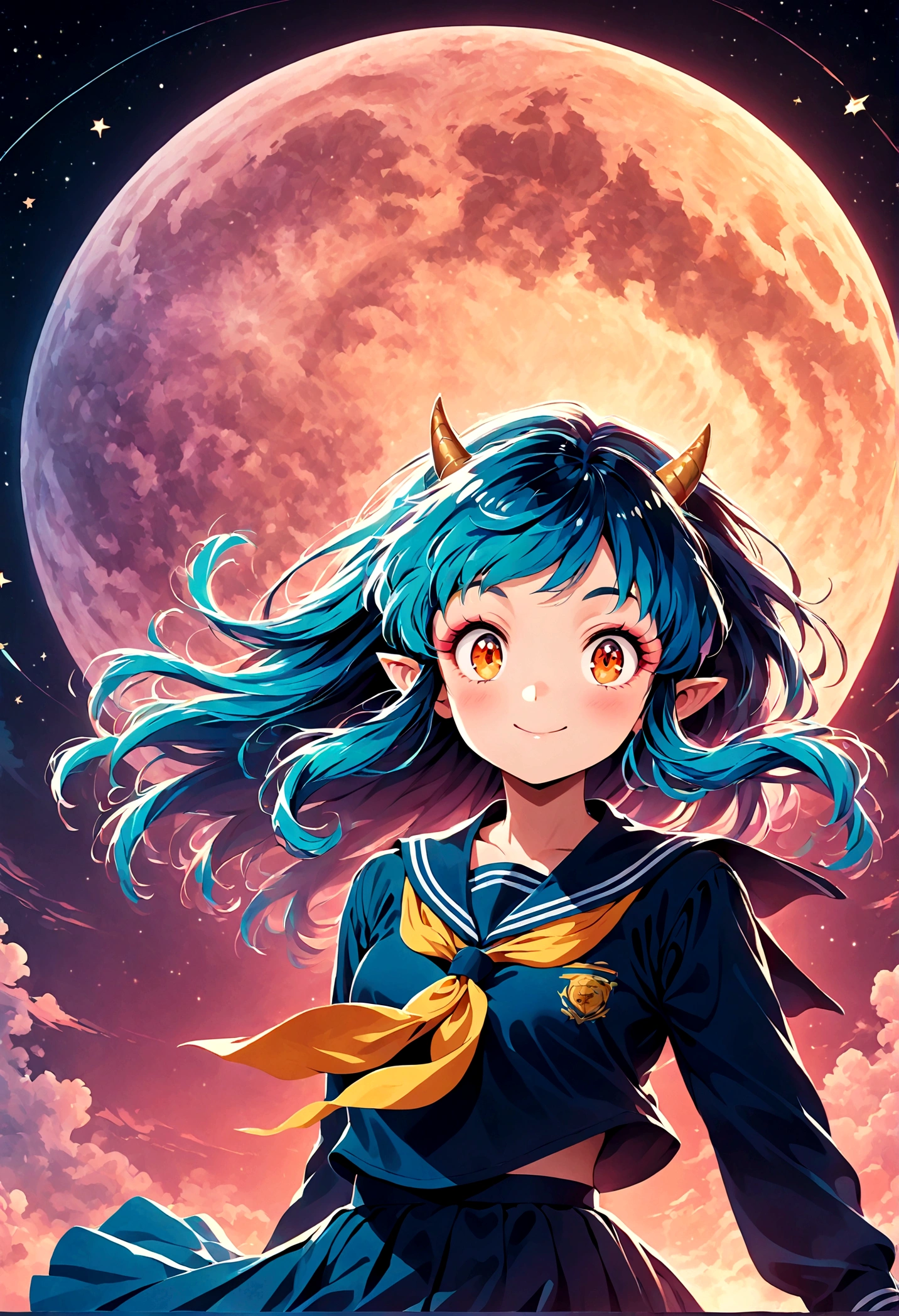 takahashi rumiko style,(1 girl,Lum,long hair,bangs,blue hair,orange eyes,horns,pointy ears,aqua hair,oni horns,(eyeshadow),(shirt,long sleeves,sailor suit,sailor collar,neckerchief,yellow neckerchief,blue shirt,blue sailor collar,blue skirt),the character Lum from "Urusei Yatsura",girly,bright smile,fine,Lum is floating in the air,jump,Bright and cheerful atmosphere,BREAK,(Creates a POP illustration style background,Background elements such as space or a starry sky,Outer space with the moon and stars floating in it,rich colors,colorful,shooting star,draw with thick lines,Sparkling,unbelievably absurd,zentangle elements,vector art),beautiful light and shadow,BREAK,(masterpiece:1.3),(highest quality:1.4),(ultra detailed:1.5),High resolution,extremely detailed,unity 8k wallpaper,intricate details,absurdity,Sparkling,anatomically correct,cute,sparkling eyes