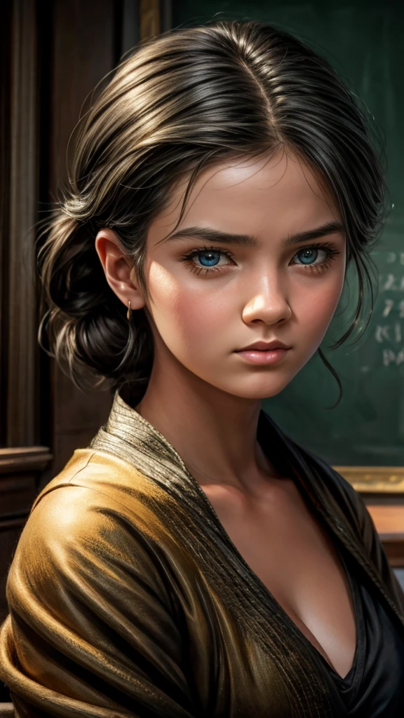 a girl with an expression of disgust, looking sideways, in a classroom, detailed facial features, beautiful eyes, exquisite portrait, oil painting, cinematic lighting, dramatic shadows, warm color tones, chiaroscuro, classical art style, high quality, 8k, photorealistic