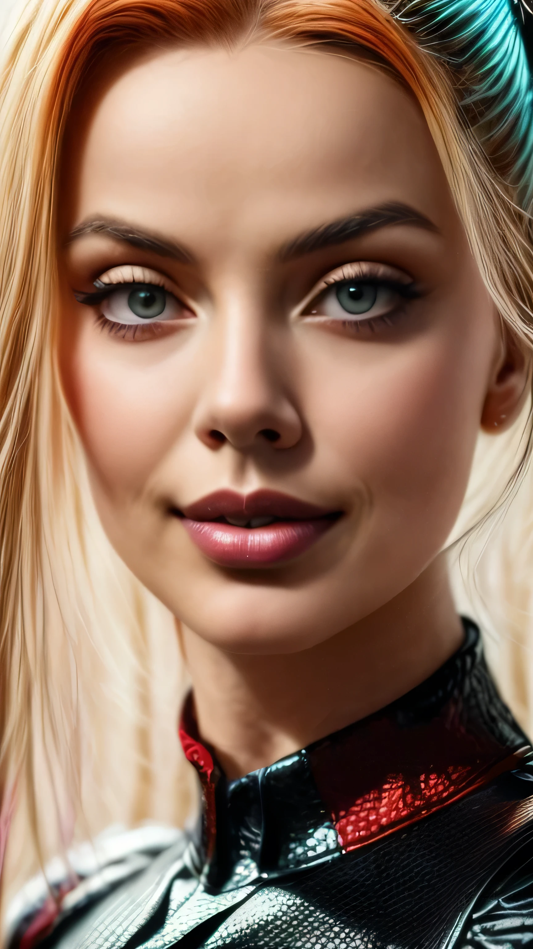 harley quinn\, (Margot Robbie\), Margot Robbie with harley quinn clown makeup, Vistiendo un traje de payaso cerrado negro y rojo., estilo harley quinn, His face is illuminated by neon lights, She looks like harley quinn, ((hermoso rostro, cara detallada, Cara limpia, perfect features, sonrisa loca)), ((Iris detallado, ojos profundos, radiant eyes, ojos hermosos y claros, ojos detallados:1.2)), ((figura sexy, figura perfecta, vibrante, perfect anatomy, proporciones perfectas)), ((muscular sexy:1.2)), ((piel brillante, Piel limpia, Claridad de la piel)), (((Orejas perfectas))), violet color, he is standing, ((cuerpo completo)). trazado de rayos, Super realistic 8K ULTRA HD HDR photographic cinematic image, Magic Photography, Super detailed, (ultra detallado), (Calidad superior, mejor calidad, Super high-quality image, obra maestra), dramatic lighting, 8K, HD, Detalle intrincado, (gradientes), Integral kinematics, vistoso, clave visual, muy detallado, extremadamente detallado, Hyper realistic, (Antecedentes muy detallados, paisaje detallado), Detalles delicados, imagen en bruto, DSLR,harleyquinn,