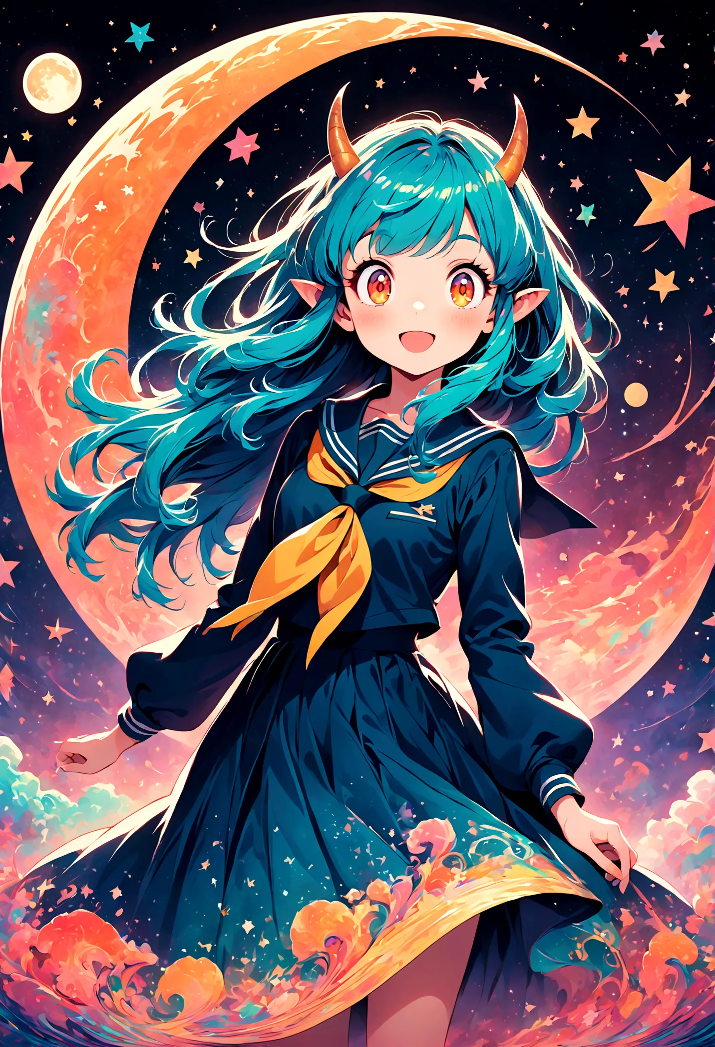 takahashi rumiko style,(1 girl,lum,long hair,bangs,blue hair,orange eyes,horns,pointy ears,aqua hair,oni horns,(eyeshadow),(shir...