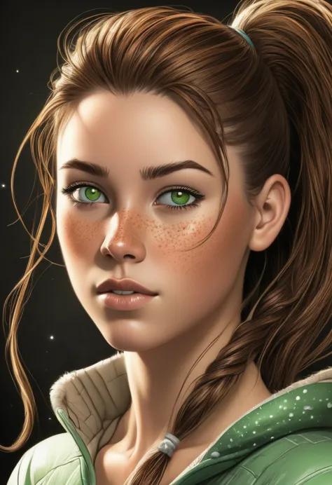 teen girl with a ponytail, freckles, green eyes and brown hair beautiful realistic