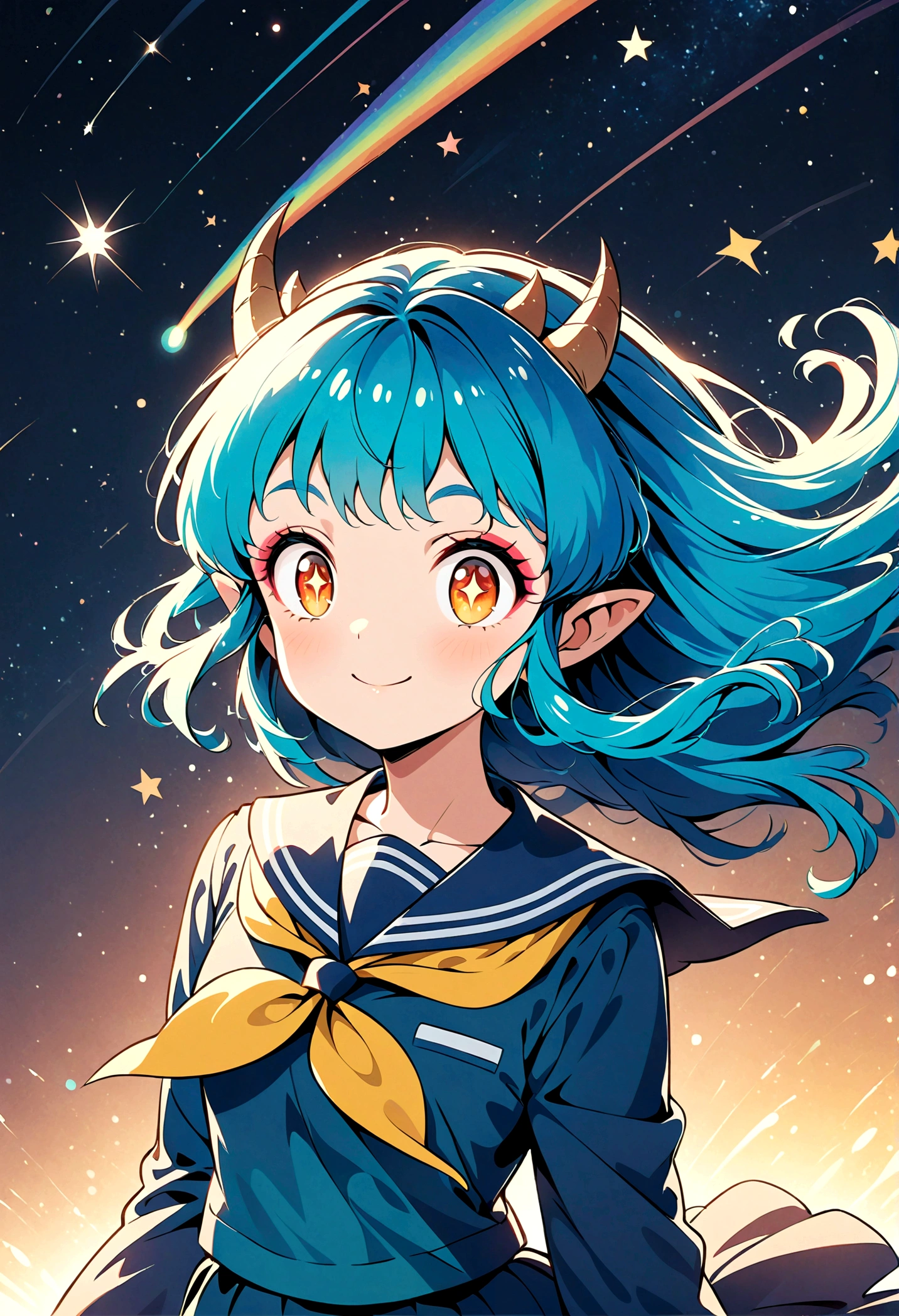 takahashi rumiko style,(1 girl,Lum,long hair,bangs,blue hair,orange eyes,horns,pointy ears,aqua hair,oni horns,(eyeshadow),(shirt,long sleeves,sailor suit,sailor collar,neckerchief,yellow neckerchief,blue shirt,blue sailor collar,blue skirt),the character Lum from "Urusei Yatsura",Do cute girly poses,bright smile,fine,Lum is floating in the air,lightning effect,Bright and cheerful atmosphere,BREAK,(Creates a POP illustration style background,Background elements such as space or a starry sky,Outer space with the moon and stars floating in it,rich colors,colorful,shooting star,draw with thick lines,Sparkling,unbelievably absurd,zentangle elements,vector art),beautiful light and shadow,BREAK,(masterpiece:1.3),(highest quality:1.4),(ultra detailed:1.5),High resolution,extremely detailed,unity 8k wallpaper