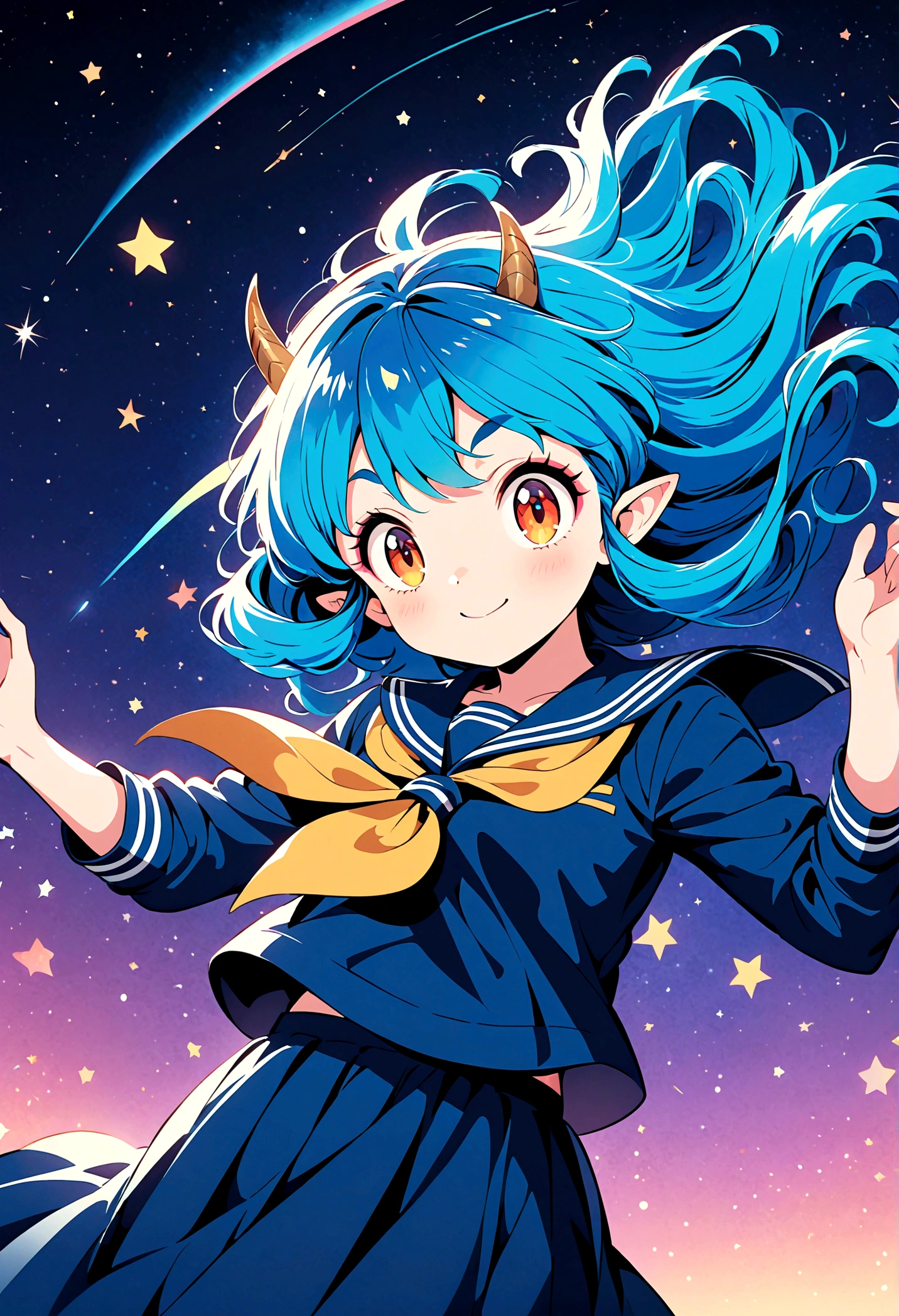 takahashi rumiko style,(1 girl,Lum,long hair,bangs,blue hair,orange eyes,horns,pointy ears,aqua hair,oni horns,(eyeshadow),(shirt,long sleeves,sailor suit,sailor collar,neckerchief,yellow neckerchief,blue shirt,blue sailor collar,blue skirt),the character Lum from "Urusei Yatsura",girly,bright smile,fine,Lum is floating in the air,jump,Bright and cheerful atmosphere,BREAK,(Creates a POP illustration style background,Background elements such as space or a starry sky,Outer space with the moon and stars floating in it,rich colors,colorful,(shooting star),draw with thick lines,Sparkling,unbelievably absurd,zentangle elements,vector art),beautiful light and shadow,BREAK,(masterpiece:1.3),(highest quality:1.4),(ultra detailed:1.5),High resolution,extremely detailed,unity 8k wallpaper,(complicated details),absurdity,(Glitter),anatomically correct,cute