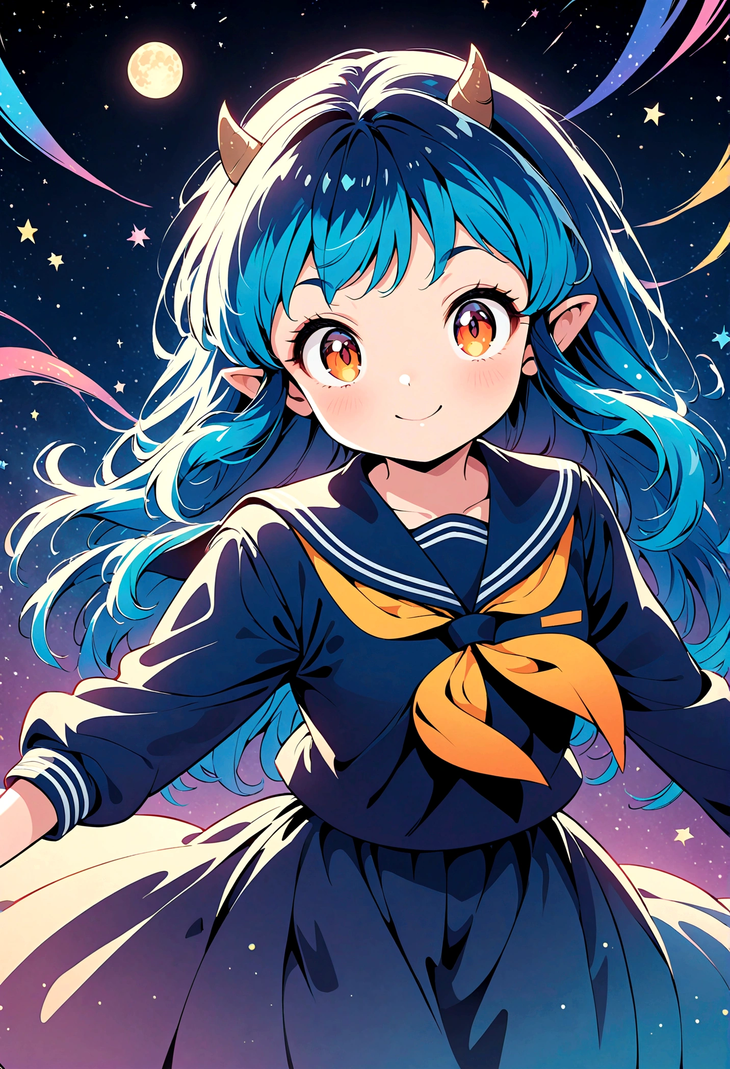 takahashi rumiko style,(1 girl,Lum,long hair,bangs,blue hair,orange eyes,horns,pointy ears,aqua hair,oni horns,(eyeshadow),(shirt,long sleeves,sailor suit,sailor collar,neckerchief,yellow neckerchief,blue shirt,blue sailor collar,blue skirt),the character Lum from "Urusei Yatsura",girly,bright smile,fine,Lum is floating in the air,jump,Bright and cheerful atmosphere,BREAK,(Creates a POP illustration style background,Background elements such as space or a starry sky,Outer space with the moon and stars floating in it,rich colors,colorful,(shooting star),draw with thick lines,Sparkling,unbelievably absurd,zentangle elements,vector art),beautiful light and shadow,BREAK,(masterpiece:1.3),(highest quality:1.4),(ultra detailed:1.5),High resolution,extremely detailed,unity 8k wallpaper,(complicated details),absurdity,(Glitter),anatomically correct,cute