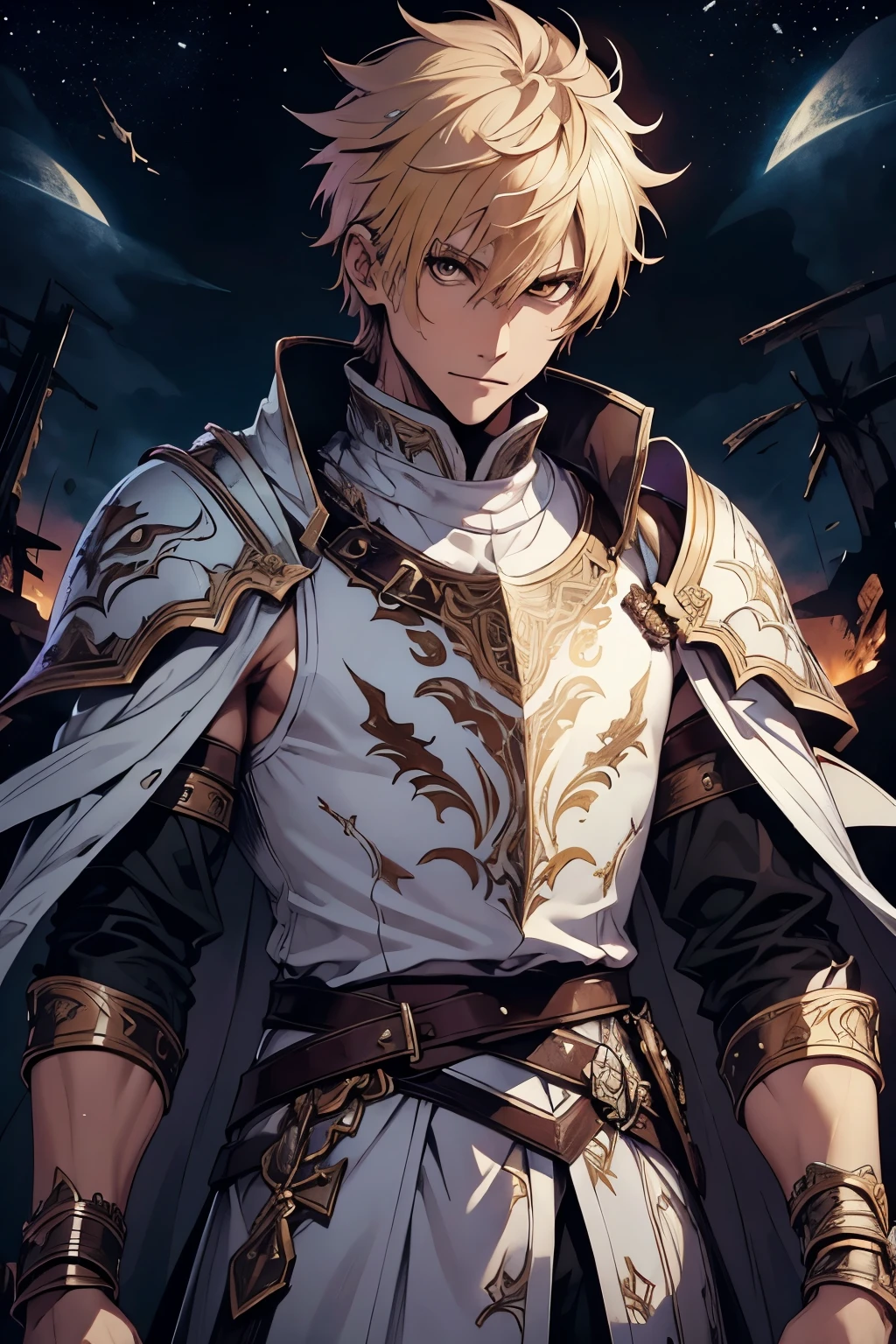 white man, blond hair, brown eyes, short hair, with white clothes, on top of the white clothes he wears armor decorated in black, on both arms he has bracelets decorated in black, he wears a white cape, the cape has a drawing of a dragon in the middle in black, on the edges of the cover there is a black outline, the cover covers both shoulders, scenery and the night sky with stars.