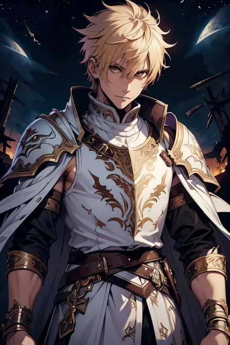 white man, blond hair, brown eyes, short hair, with white clothes, on top of the white clothes he wears armor decorated in black...
