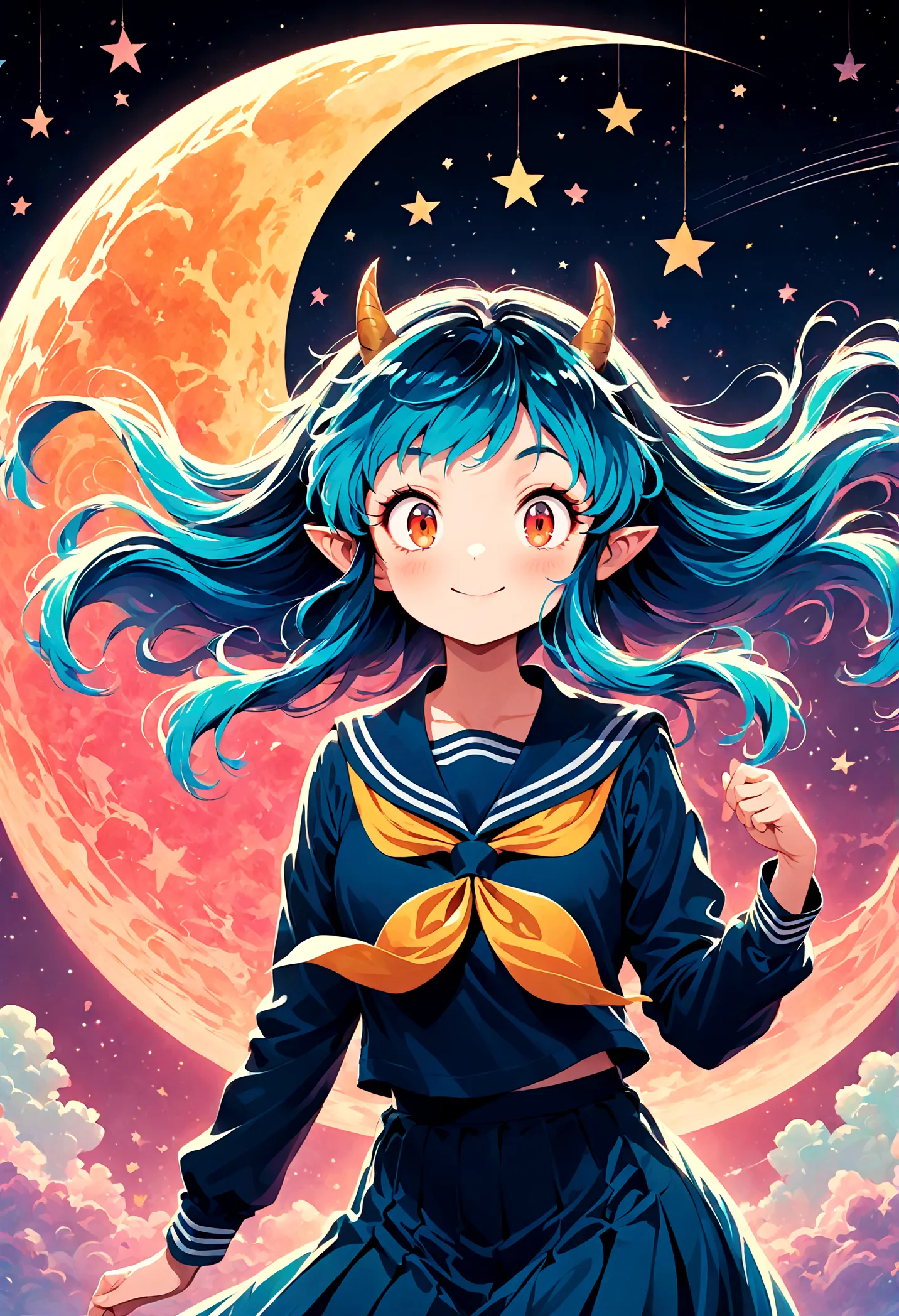 takahashi rumiko style,(1 girl,lum,long hair,bangs,blue hair,orange eyes,horns,pointy ears,aqua hair,oni horns,(eyeshadow),(shir...