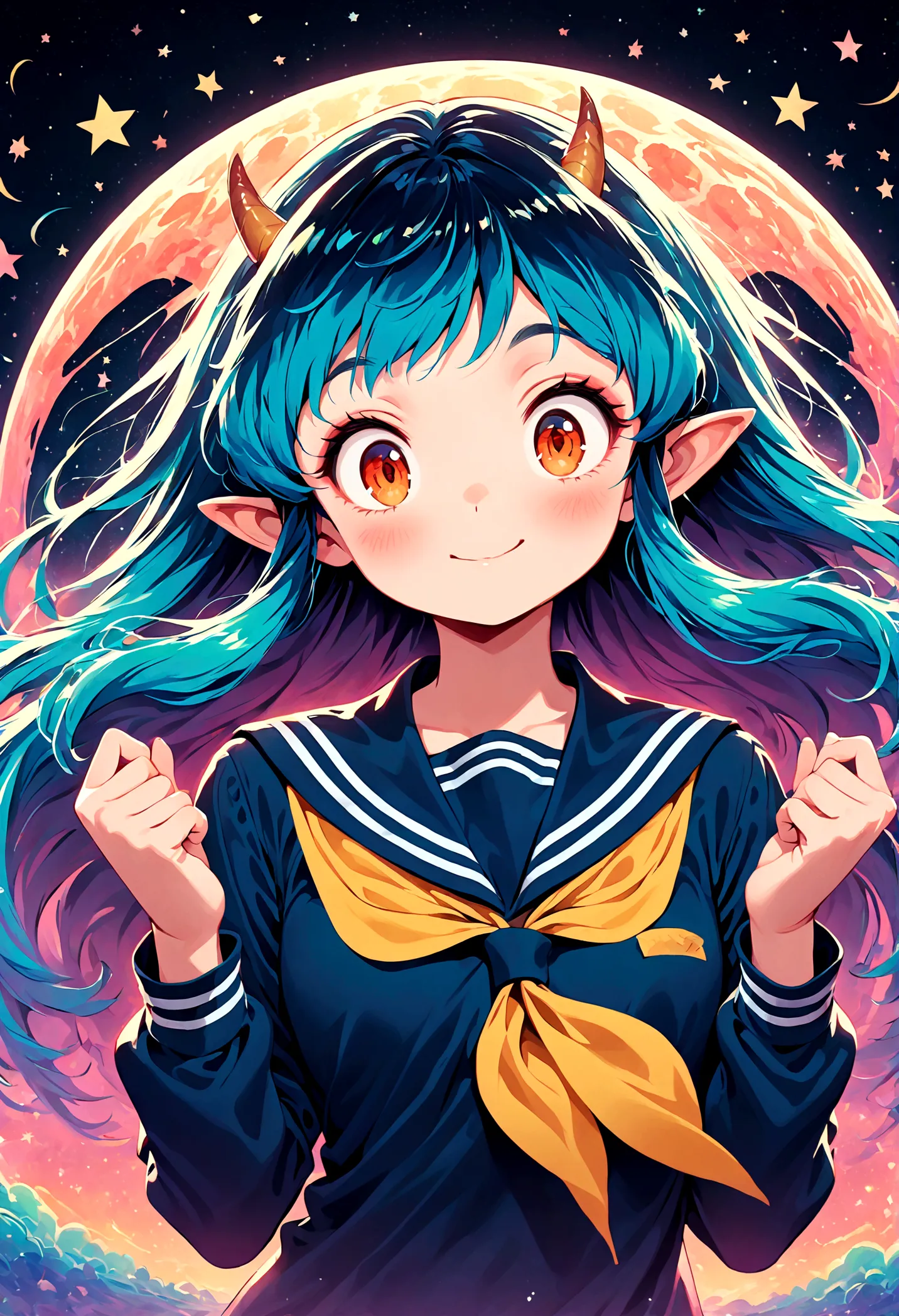 takahashi rumiko style,(1 girl,Lum,long hair,bangs,blue hair,orange eyes,horns,pointy ears,aqua hair,oni horns,(eyeshadow),(shir...