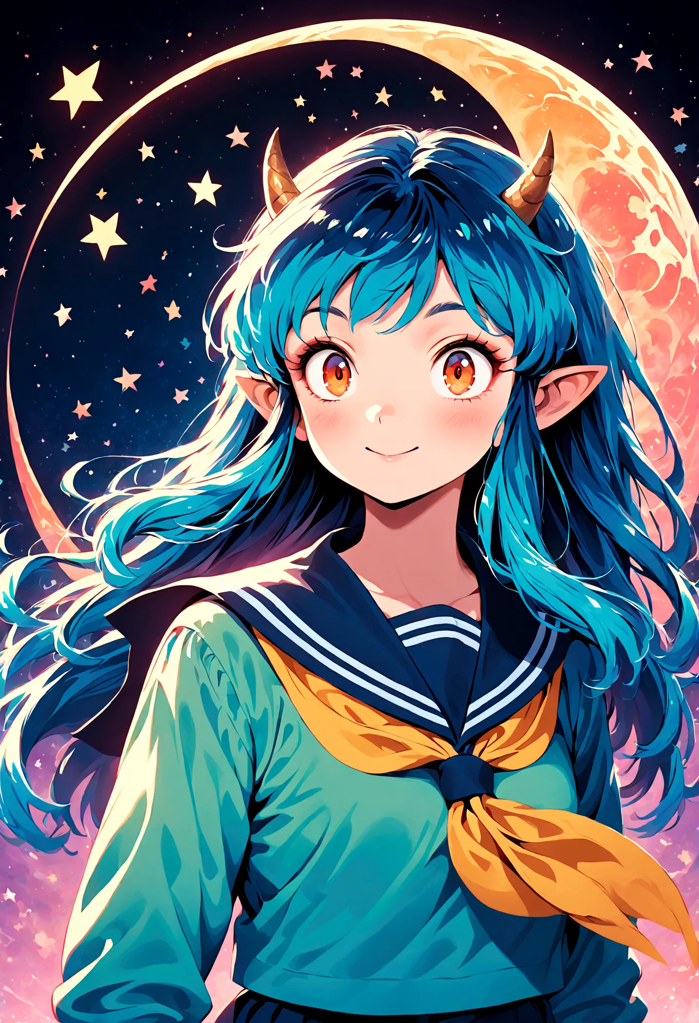 takahashi rumiko style,(1 girl,Lum,long hair,bangs,blue hair,orange eyes,horns,pointy ears,aqua hair,oni horns,(eyeshadow),(shir...