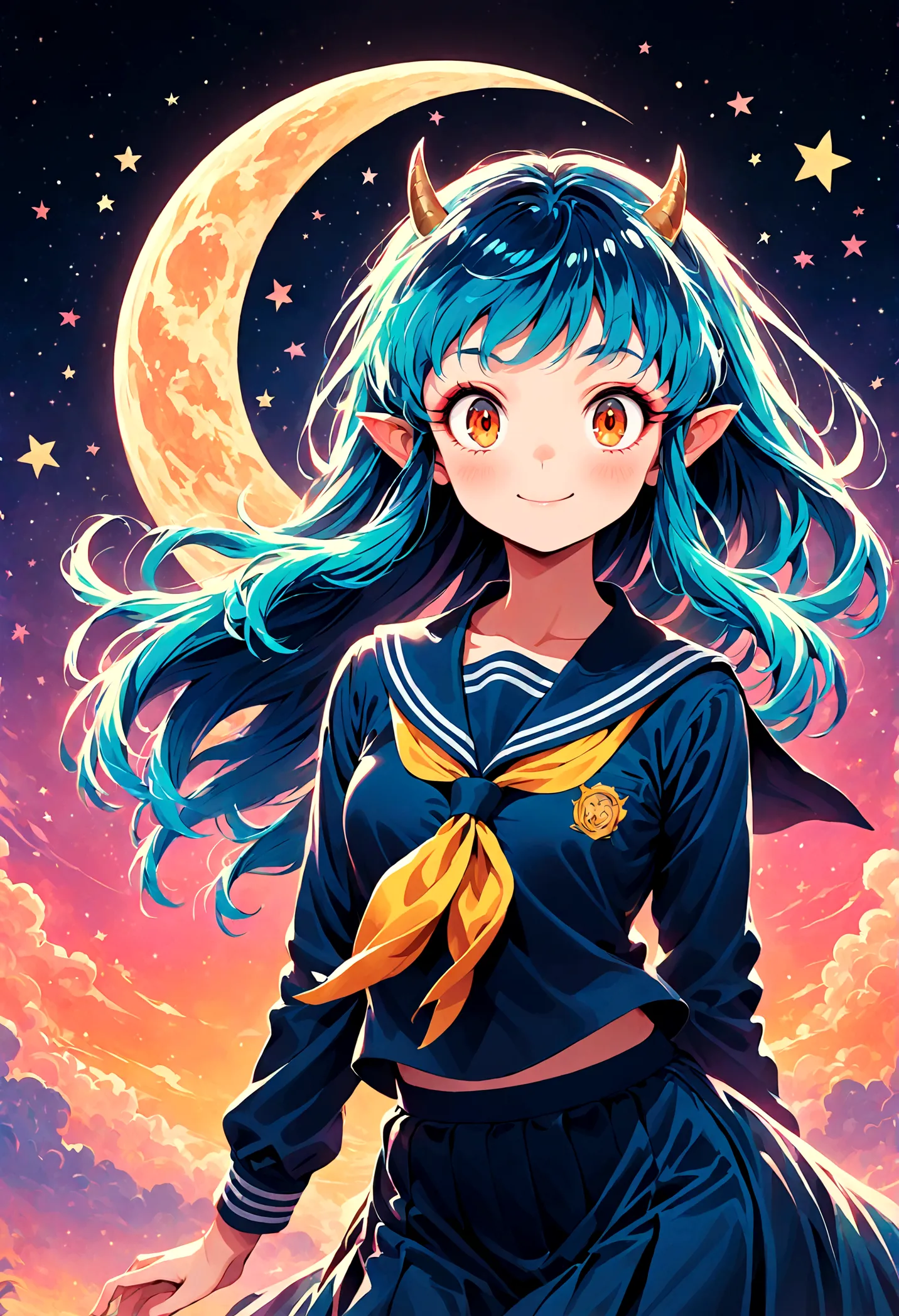 takahashi rumiko style,(1 girl,lum,long hair,bangs,blue hair,orange eyes,horns,pointy ears,aqua hair,oni horns,(eyeshadow),(shir...