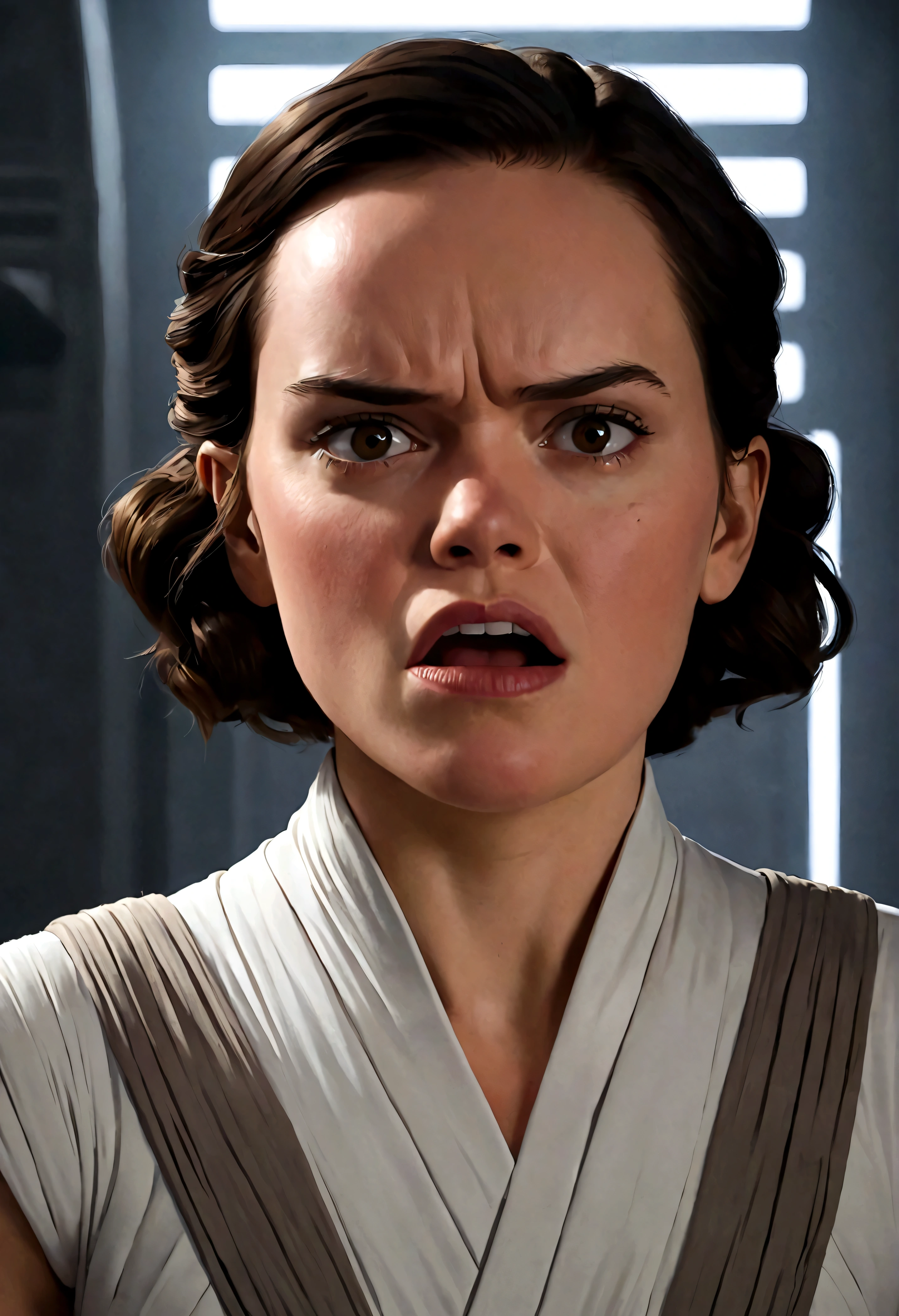 Daisy Ridley as Star Wars Ray is making a disgusted face - SeaArt AI