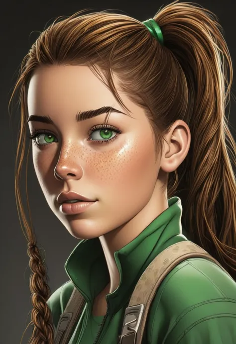 teen girl with a ponytail, freckles, green eyes and brown hair beautiful realistic