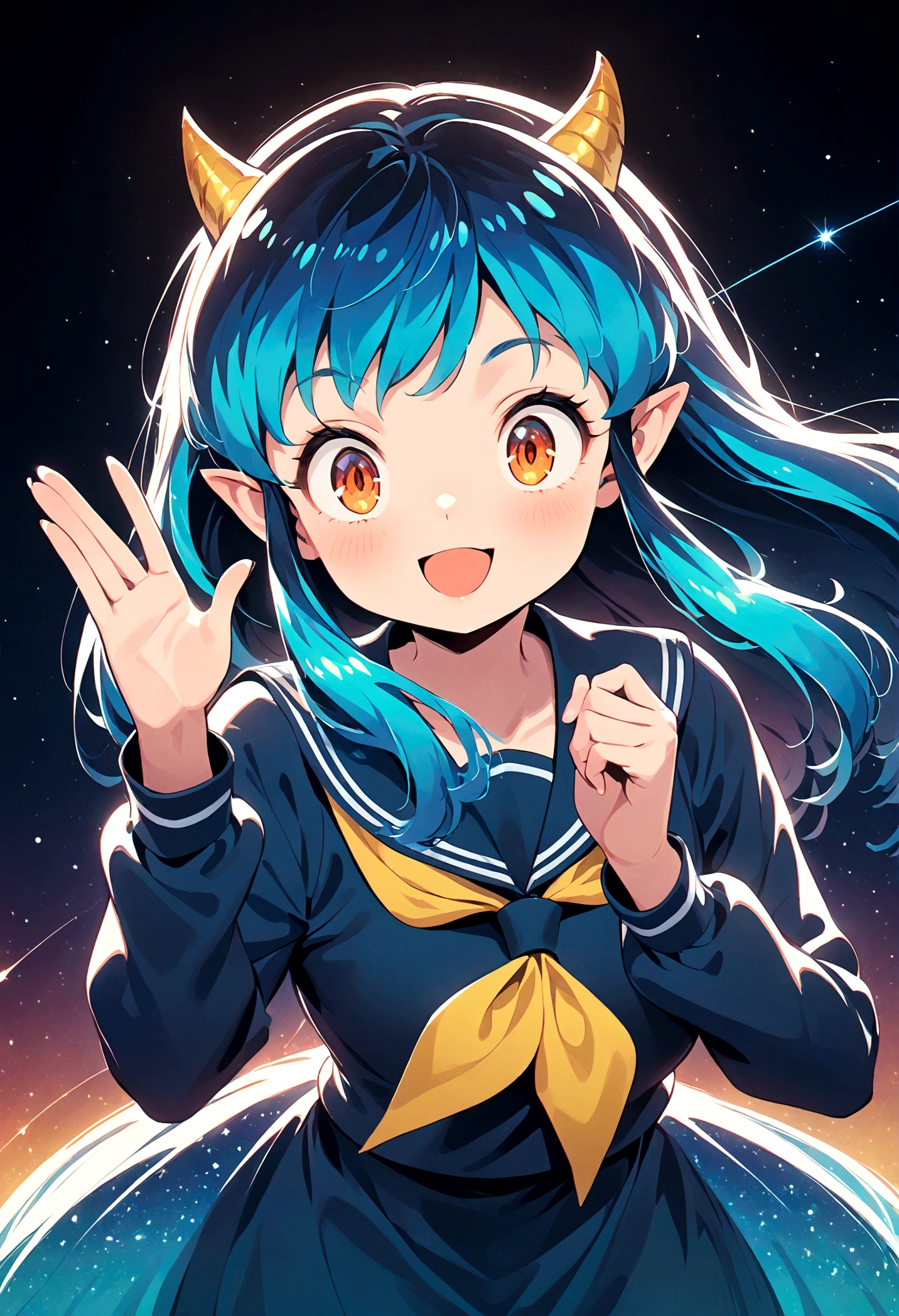 takahashi rumiko style,(1 girl,Lum,long hair,bangs,blue hair,orange eyes,horns,pointy ears,aqua hair,oni horns,(eyeshadow),(shirt,long sleeves,sailor suit,sailor collar,neckerchief,yellow neckerchief,blue shirt,blue sailor collar,blue skirt),the character Lum from "Urusei Yatsura",girly,bright smile,fine,Lum is floating in the air,(Jump:1.3),Bright and cheerful atmosphere,BREAK,(Creates a POP illustration style background,Background elements such as space or a starry sky,Outer space with the moon and stars floating in it,rich colors,colorful,(shooting star),draw with thick lines,Sparkling,unbelievably absurd,zentangle elements,vector art),beautiful light and shadow,BREAK,(masterpiece:1.3),(highest quality:1.4),(ultra detailed:1.5),High resolution,extremely detailed,unity 8k wallpaper,(complicated details),absurdity,(Glitter),anatomically correct,cute