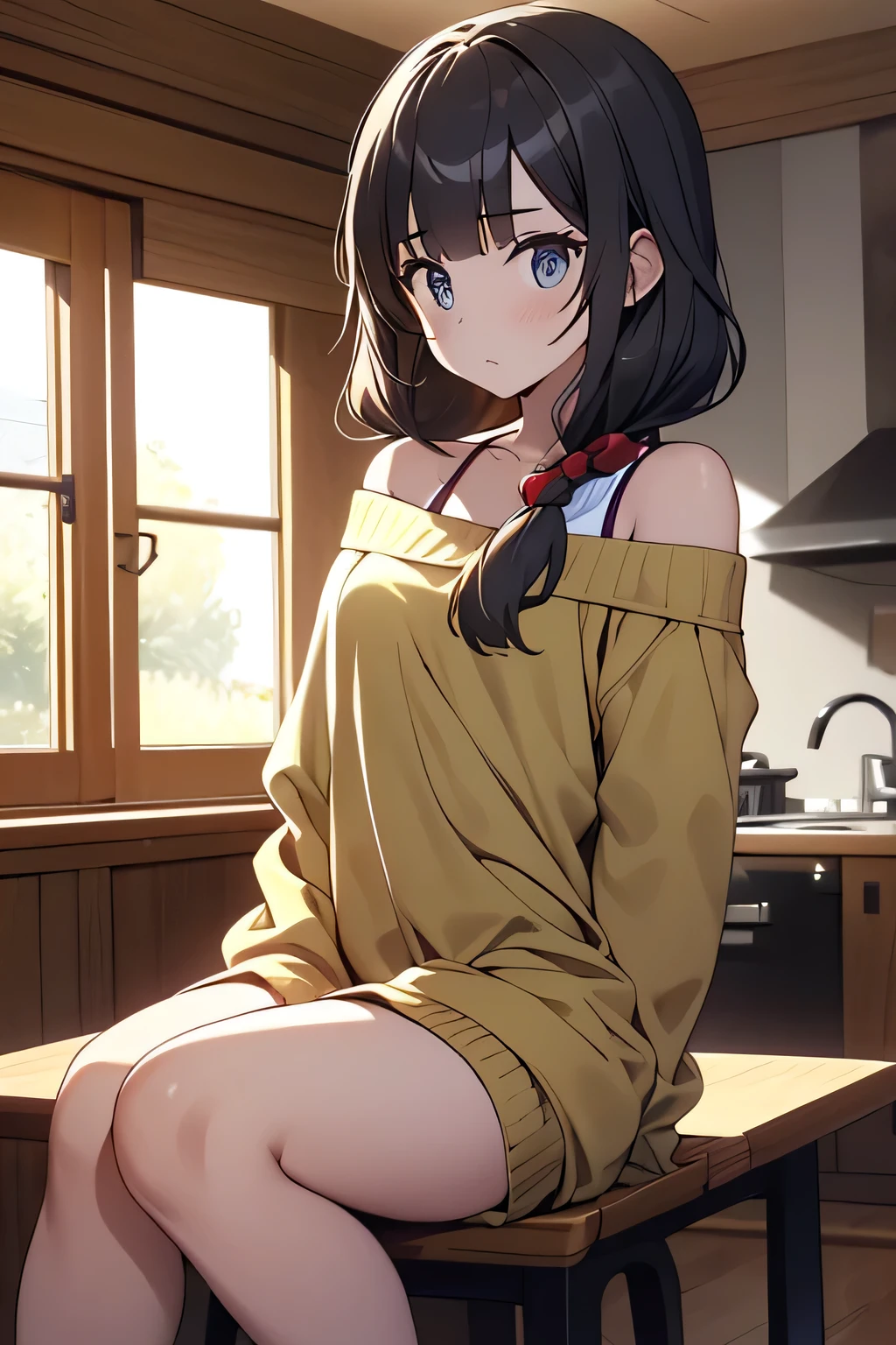 Anime girl sitting on a table in a kitchen with a window - SeaArt AI