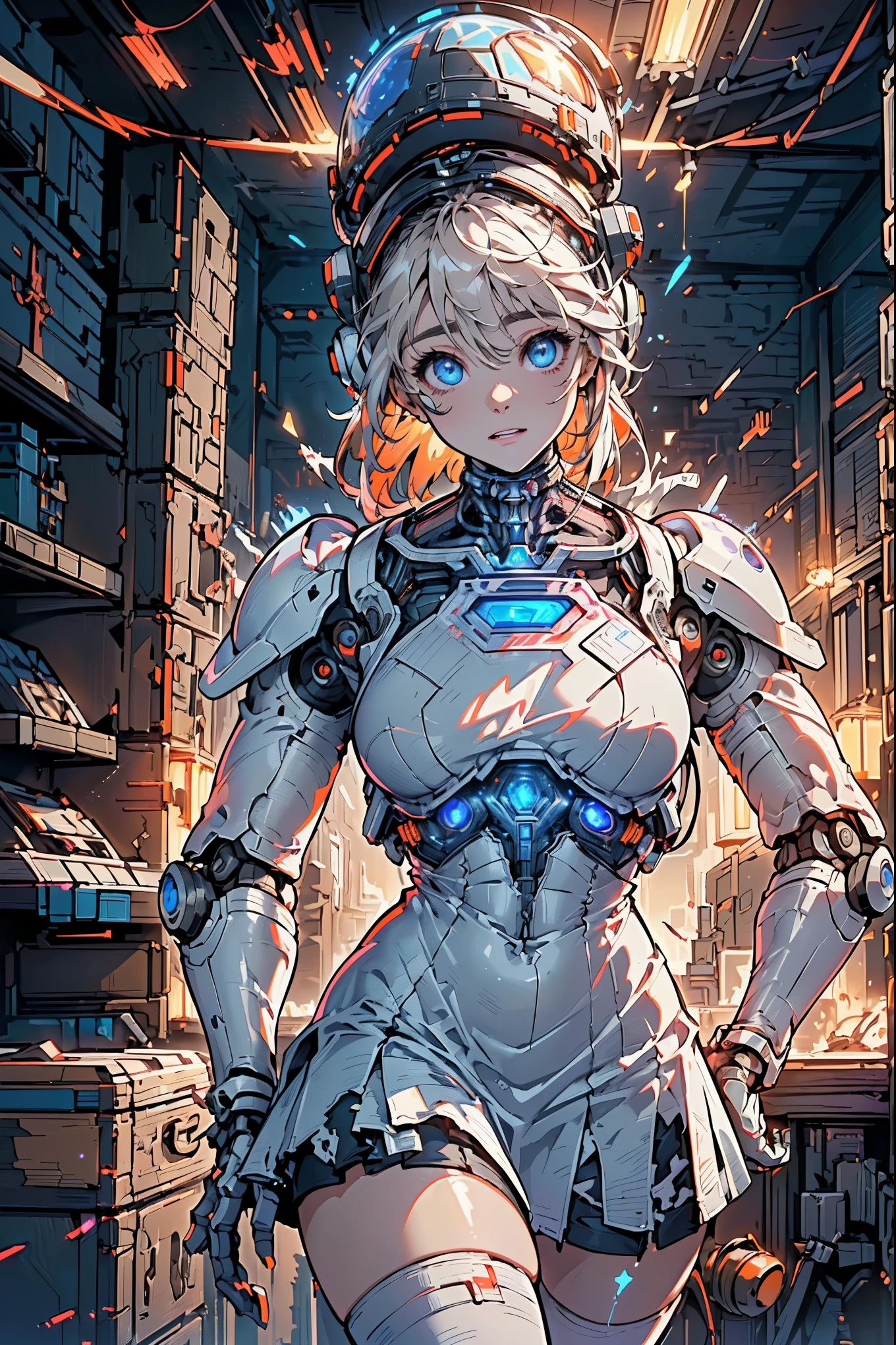 (La best quality,high resolution,Ultra Detailed,Practical),Sabrina Carpenter cyborg, ( Mini skirt robot orange :1.4), Top corto white,(Robot astronaut helmet :1.4) ,(Cyberpunk ruined dungeon ruins background :1.4 ), (Mechanical vertebrae attached to the back, Cervical spine mechanical fixation in the neck, Wires and cables connected to the head, Neon Genesis Evangelion, Small bright LED light:1.4) , More detailed 8K.Unreal Engine:1.4,Ultra HD,La best quality:1.4, Realistic:1.4, Texture:1.4, masterpiece:1.8,masterpiece, best quality,Object Object], (Facial features are detailed:1.3),(Correct proportions),(Beautiful blue eyes),  (Cowboy pose),( Sabrina Carpenter:1.4), (Sabrina Carpenter V2.1),( Perfect anatomical structure:1.4), (Robot mechanical transparent plastic white robot model:1.4), ,(Ruined dungeon ruins background big stone cave :1.4 ), (movie lighting :1.4), (Robot laboratory background :1.4), (AI :1.4),( Surface details :1.4), (There is an astronaut helmet :1.4), (Wearing an astronaut suit:1.4), (Wearing an astronaut suit V2.1) huge , Crazy breast swelling, Chest larger than shoulder blades, Big breasts and thin waist，(huge breasts:1.2)，Hydrated skin（（rogue））（（非常huge乳房）），（（Grooves reveal original skin））