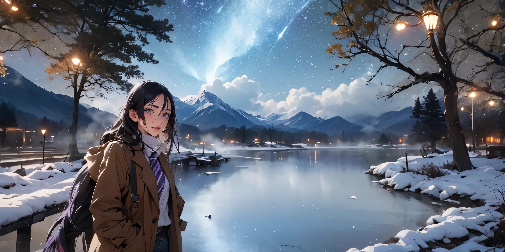 (dark-puprle hair, long hair:1.6), purple eyes, sky, solo, night, night_sky, star_(sky), starry_sky, 1girl, outdoors, coat, fog, steaming body, cloud, tree, jacket, mountain, winter, bare_tree, necktie, standing, shirt, long_sleeves, brown_coat, brown_jacket, breath, scenery, mountainous_horizon, cloudy_sky, open_clothes, open_coat, bokeh, spotlight, milky way, 