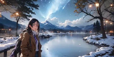 (dark-puprle hair, long hair:1.6), purple eyes, sky, solo, night, night_sky, star_(sky), starry_sky, 1girl, outdoors, coat, fog,...