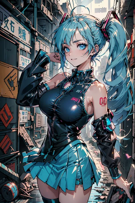 (best quality,high resolution,Ultra Detailed,Practical), Hatsune Miku, ,(Ruins alley Tokyo cyberpunk dungeon ruins background :1...