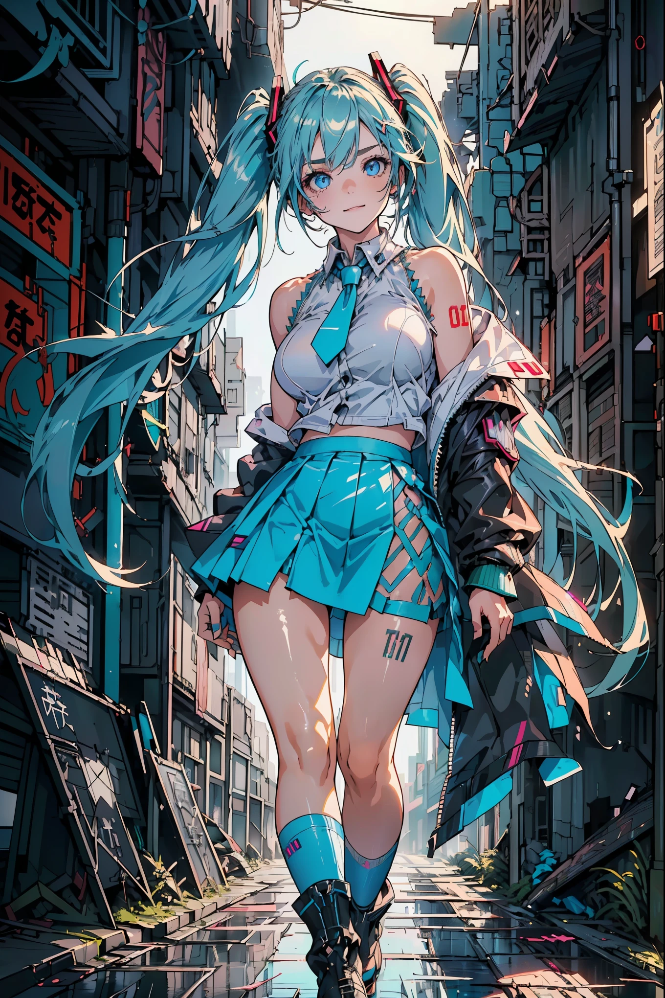 (melhor qualidade,Alta resolução,ultra detalhado,Prático), Hatsune Miku, ,(Ruínas beco A masmorra cyberpunk de Tóquio arruina o fundo :1.4 ), seios grandes, poses dinâmicas , (Cabelo verde com rabo de cavalo duplo) ,(Mini saia branca curta:1.4), 很longo头发) , Coloque os braços atrás das costas, olhos azuis, olhos brilhantes, rosto relaxado, sobrancelha, Cabelo brilhante,,(Fundo de ruínas de masmorras arruinadas:1.4 ), pele brilhante, sorriso, futuro das corridas, Audacioso, jaqueta bomber, jaqueta branca, manga comprida, Luvas de duas cores, botas altas,,(Fundo de ruínas de masmorras arruinadas nublado lluvia :1.4 ),(obra de arte: 1.4), (8K, Realist, foto original, melhor qualidade: 1.4),(Hatsune Miku:1.4), (Hatsune Miku V2.1), (detalhes faciais: 1.5, (beautiful olhos azuis :1.4) , cara bonita, Olhos lindos, Forro de íris, labios delgados: 1.5, delgado, 淡而尖的sobrancelha, longo, cílios escuros, cílios duplos),mãos perfeitas: 1.5, (Cinemática V2.1),( poses dinâmicas), (Estrutura anatômica perfeita), (Detalhes da superfície :1.4), (Não é uma mutação) Enorme , Inchaço louco nos seios, Peito maior que as omoplatas, Seios grandes e cintura fina，(Enorme breasts:1.2)，Pele hidratada（（por conta própria））（（非常Enorme乳房）），（（Grooves revelam a pele original）) 