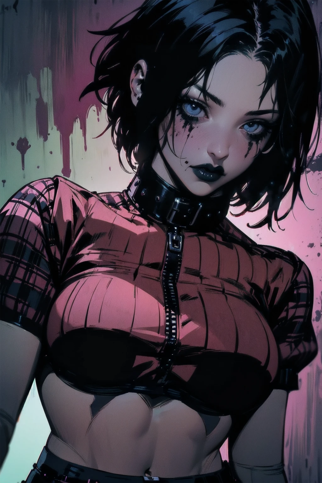 a woman with short black hair, hair on shoulders, wearing a black cropped and plaid skirt, blue eyes, zombie art, gothic art, cute aesthetic with vibe, toon aesthetic, wearing red costume, wearing gothic accessories, look like Cassie Hack, upper body, halloween background