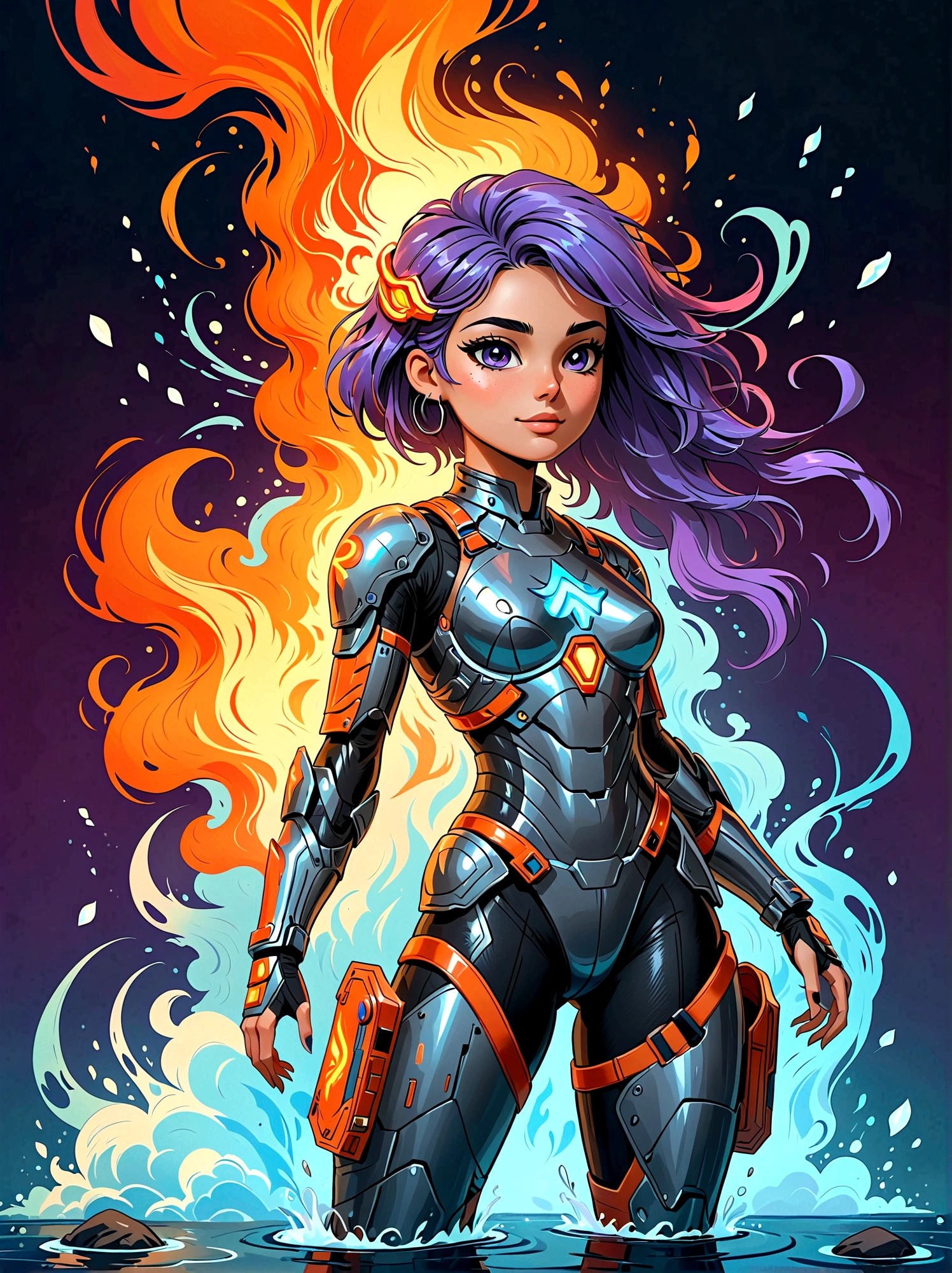 (masterpiece，Best quality:1.2，lifelike:1.4)，Cartoon Characters，Vector illustration，Abstract style 1girl,full body,smoke,water,cloud,fire,, best quality, ultra high res, (photorealistic:1.4), Non-representational, colors and shapes, expression of feelings, imaginative, highly detailed, (transparent heavy armor warrior tranzp suit:1) neon vein, heavy armor helmet with purple and orange neon transparent glow made of ral-ledlights, 1kexx1