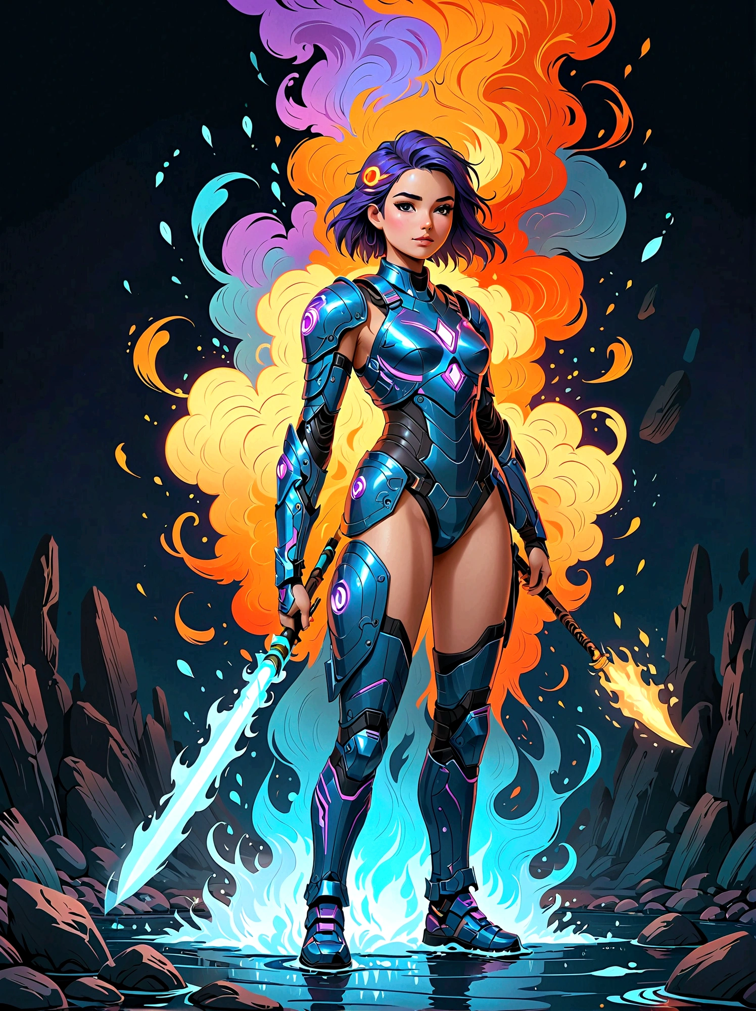 (masterpiece，Best quality:1.2，lifelike:1.4)，Cartoon Characters，Vector illustration，Abstract style 1girl,full body,smoke,water,cloud,fire,, best quality, ultra high res, (photorealistic:1.4), Non-representational, colors and shapes, expression of feelings, imaginative, highly detailed, (transparent heavy armor warrior tranzp suit:1) neon vein, heavy armor helmet with purple and orange neon transparent glow made of ral-ledlights, 1kexx1
