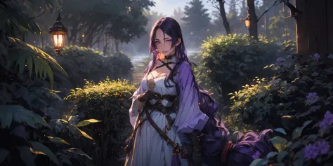 hmmr1, minamoto no raikou (fate), (dark-purple hair, long hair:1.3), purple eyes, fantasy scenery, 1girl, breasts, gloves, white...