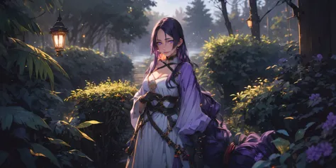 hmmr1, minamoto no raikou (fate), (dark-purple hair, long hair:1.3), purple eyes, fantasy scenery, 1girl, breasts, gloves, white...