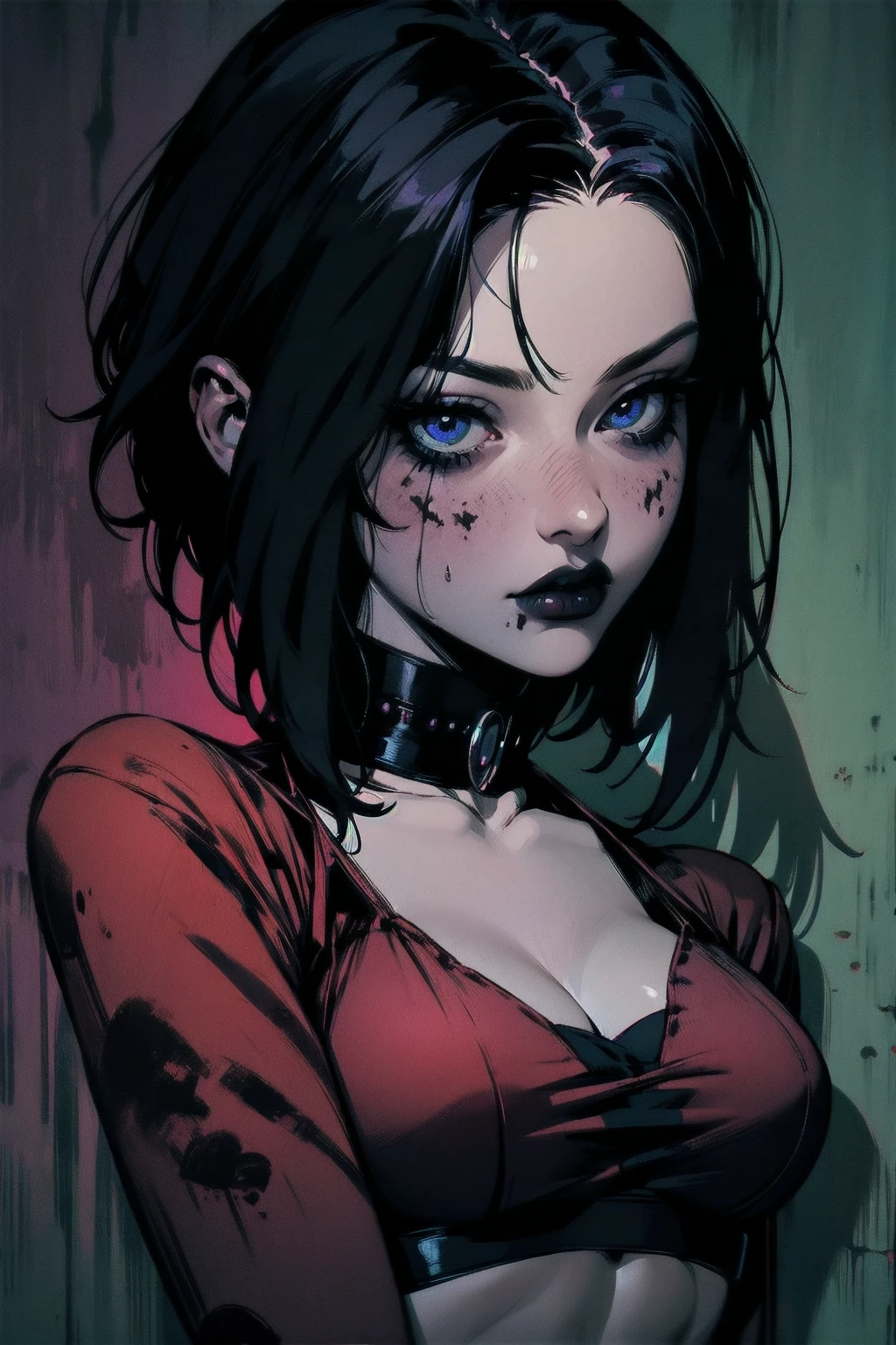 a woman with short black hair, hair on shoulders, wearing a black cropped and plaid skirt, blue eyes, zombie art, gothic art, cute aesthetic with vibe, toon aesthetic, wearing red costume, wearing gothic accessories, look like Cassie Hack, upper body, halloween background