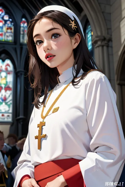 (masterpiece, highest quality), one cute girl、clergy women、black ceremonial clothing:1.5、church sisters、