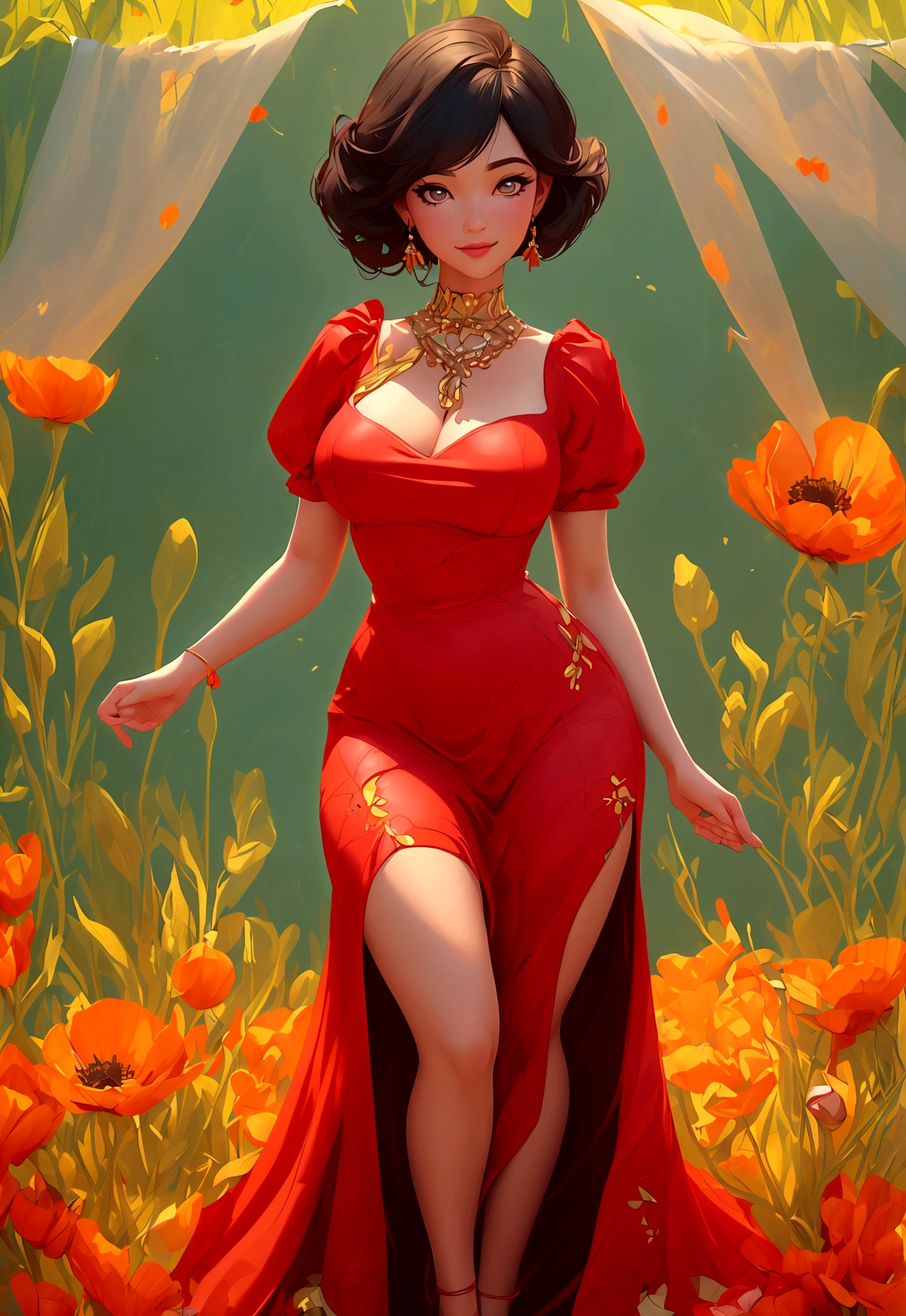 (best quality,4k,8k,highres,masterpiece:1.2),ultra-detailed,(best quality,realistic:1.2), lovely woman, Beautiful girl, red dress, skin tight dress, short black hair, field of poppy flowers, portrait, standing in an s-shape, lustful smile, seductive eyes, sexy breasts, ample breasts, curvy hips, sunset, play, joy, beauty, harmony, portrait, soft lighting, vibrant colors, HDR, 8k, absurdres, cinestill 800, sharp focus, add_detail:2, Ultra HD | | | ((Fullbody-shot)) add_detail:2 (1woman, solo)
