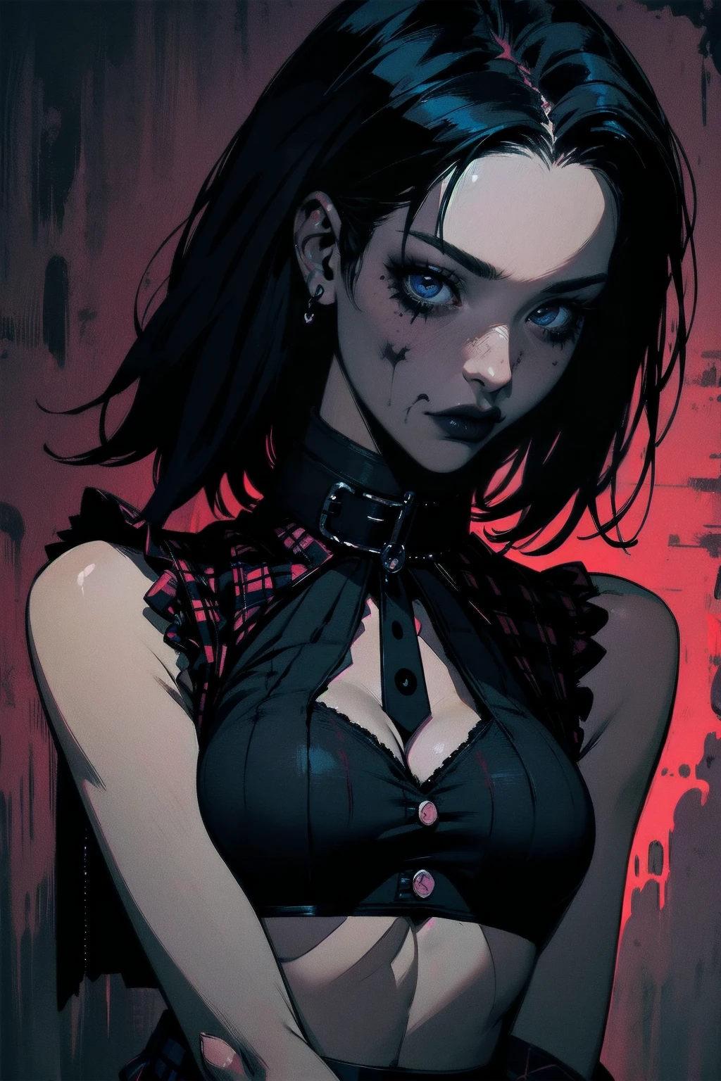 a woman with short black hair, hair on shoulders, wearing a black cropped and plaid skirt, blue eyes, zombie art, gothic art, cute aesthetic with vibe, toon aesthetic, wearing red costume, wearing gothic accessories, look like Cassie Hack, upper body, halloween background