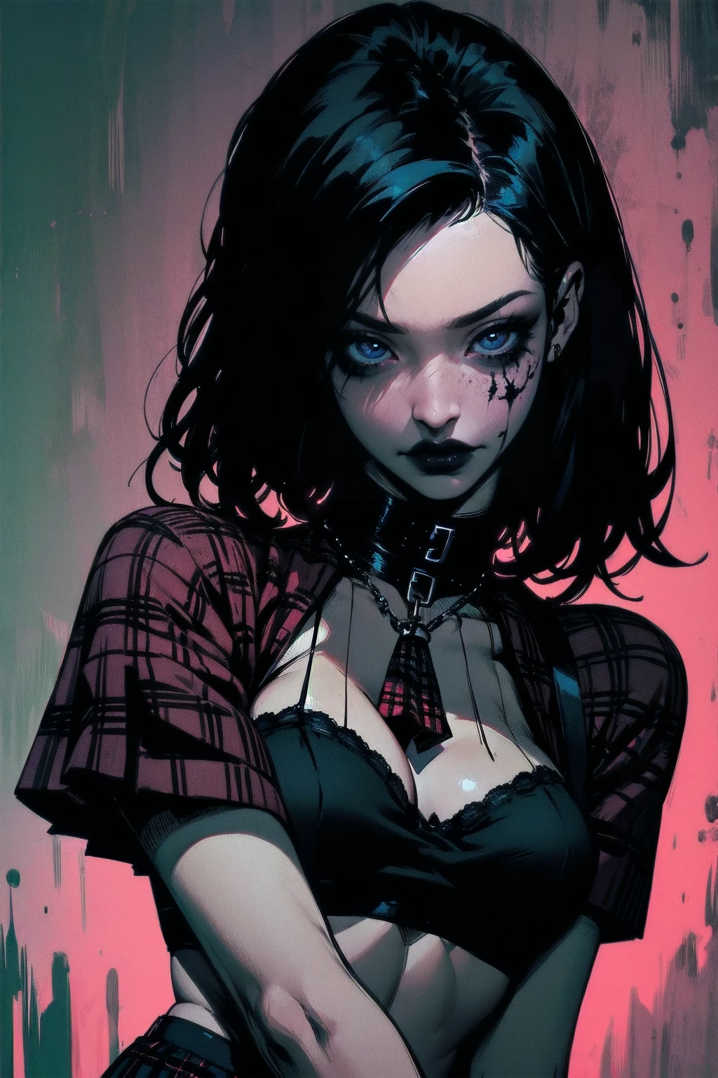 a woman with short black hair, hair on shoulders, wearing a black cropped and plaid skirt, blue eyes, zombie art, gothic art, cute aesthetic with vibe, toon aesthetic, wearing red costume, wearing gothic accessories, look like Cassie Hack, upper body, halloween background