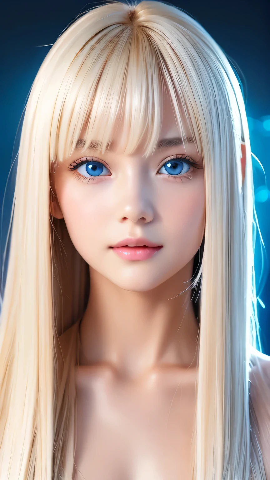 Portrait、、Bright expression、ponytail、Young, lustrous, glowing, white skin、The best beauty、Blonde reflection、Platinum blonde hair with dazzling highlights、Shiny bright hair,、Super long silky straight hair、Shiny beautiful bangs、Bright, clear, attractive, large blue eyes、Very beautiful lovely cute 16 year old girl、Ample Bust