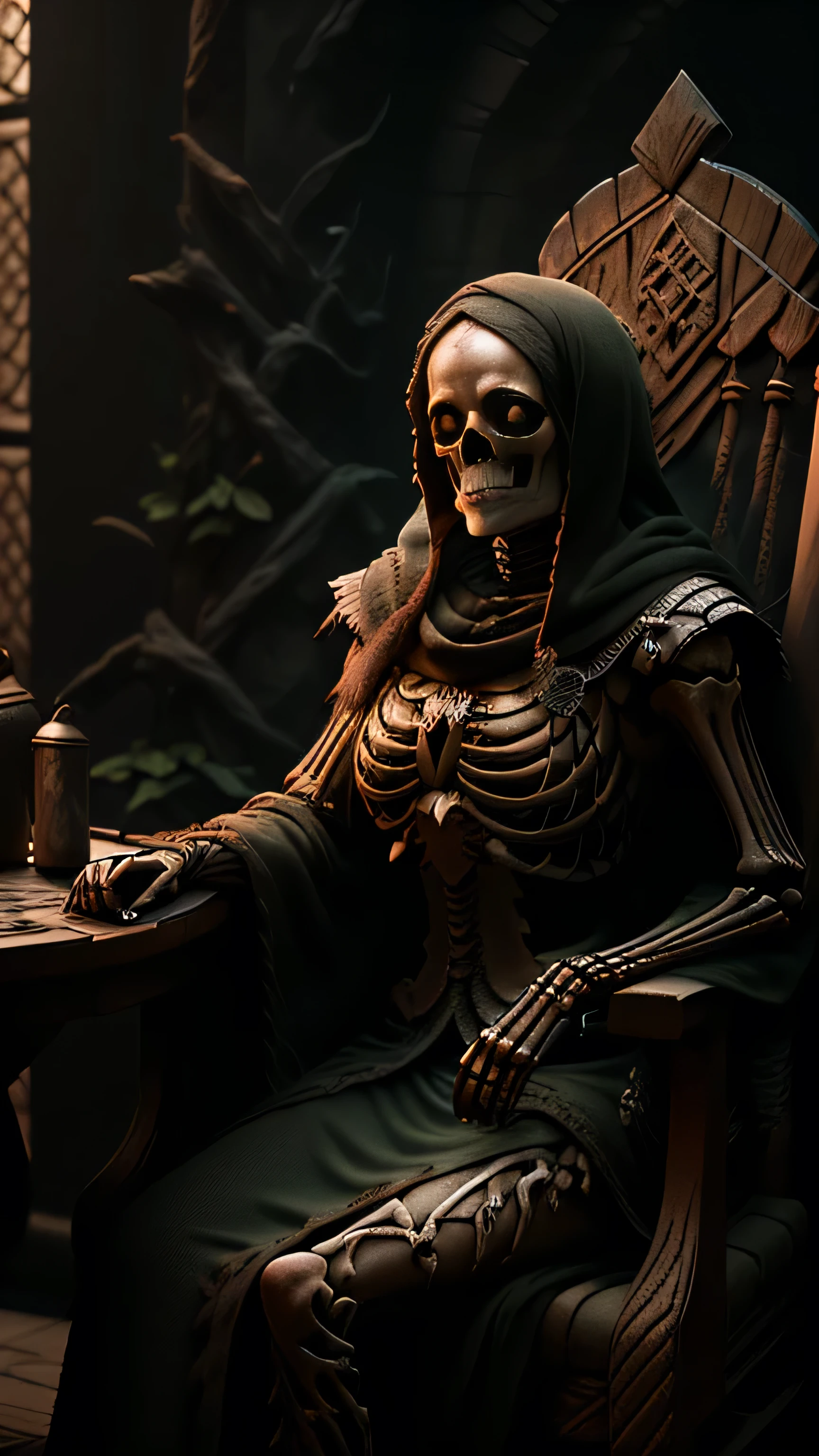 Horror, Olenna Tyrell como em decomposição (Esqueleto), vestido real verde longo rasgado, sentado, na cadeira de luxo, perto de mesa redonda de luxo, frasco de veneno em cima da mesa, A Guerra dos Tronos, (1 mulher), (Sozinho), (visão de corpo inteiro), beautiful detalhado glow, detalhado, luz cinematográfica, detalhe intrincado, realista, alta resolução, detalhado facial features, alto detalhe, foco nitído, suave, estética, extremely detalhado, carimbo, renderização de octanagem