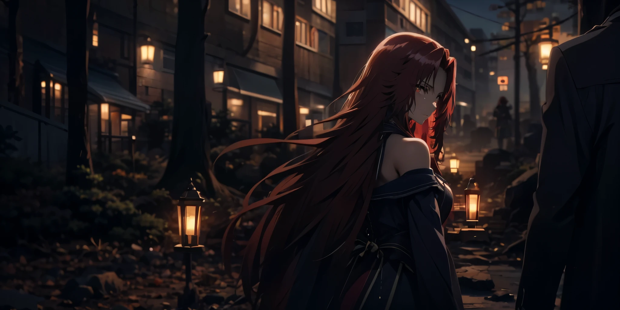 irismidgarv4, (red hair, long hair:1.7), red eyes, 1girl, solo, bare_shoulders, outdoors, off_shoulder, looking_at_viewer, piercing, looking_back, blurry, dress, upper_body, back, tree, blurry_background, black_dress, from_behind, looking_to_the_side, bokeh, (cinematic:1.3), forest, autumn, lens flare,  