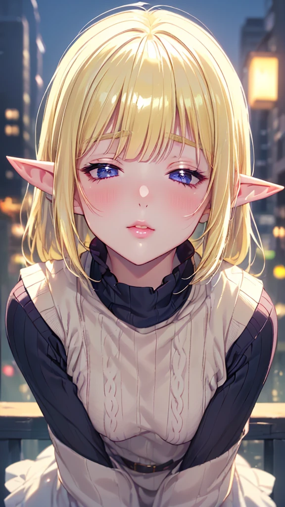 ((Closer to me))、((Focus on the upper body))、16k、masterpiece、High resolution、High resolution、((1 young elven female))、((Beautiful shiny white skin))、((Beautiful blonde))、short hair、((Close both eyes completely))、((Pointy Ears))、blush、Pink Lip Gloss、Shiny skin、((Ruffled summer sweater))、((In a crowded city at night))、((Forced to kiss me))