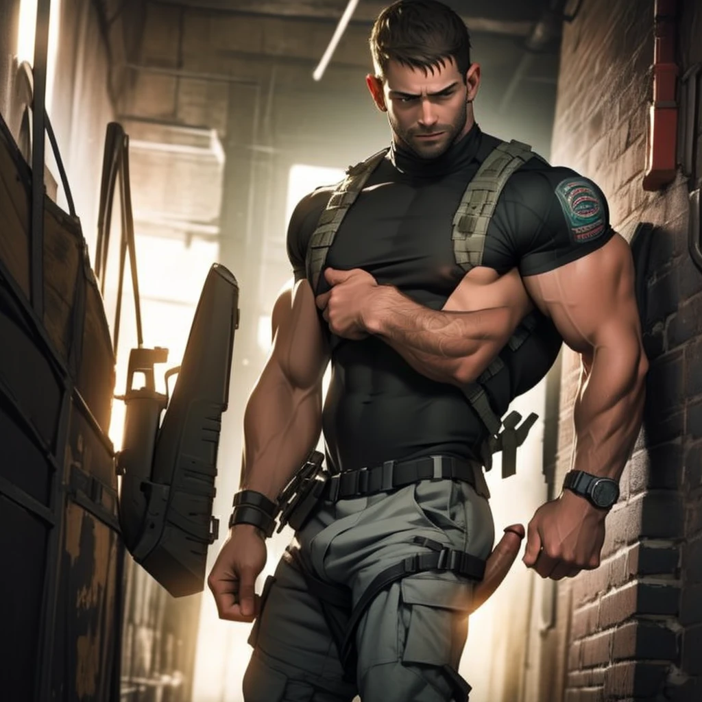 NSFW,In a masterpiece of high resolution, a 35-year-old man stands alone, elegantly posed against the backdrop of a dark, gloomy hallway. The man is identified as Chris Redfield, renowned for his tactical prowess, and he is dressed in a military tactical UNBUTTONED PANTS,SHOWING A BIG COCK , SHIRTLESS , HARD NIPPLES, HORNY , , TATOO ON HIS SHOLDER A BIG PENIS WITH BALLS ,which reveals his well-defined biceps, abs, and chest.With a smirk on his face, Chris Redfield towers over the scene, a sign of his dominance and