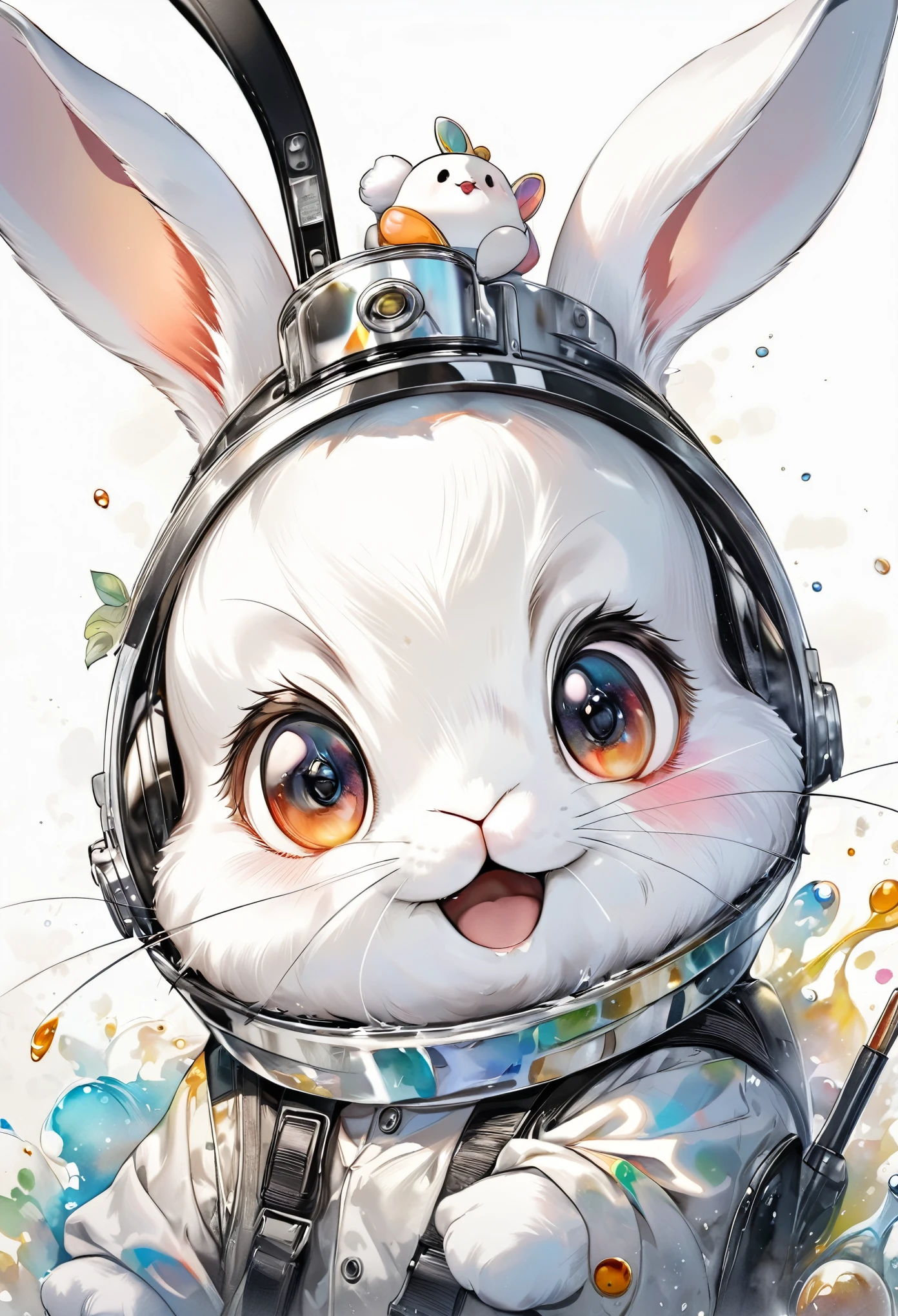 best quality, super fine, 16k, incredibly absurdres, extremely detailed, 2.5D, delicate and dynamic, fusion of watercolors and oil paintings, mix of monochrome and color, funny rabbit portrait, cute face, cute pose