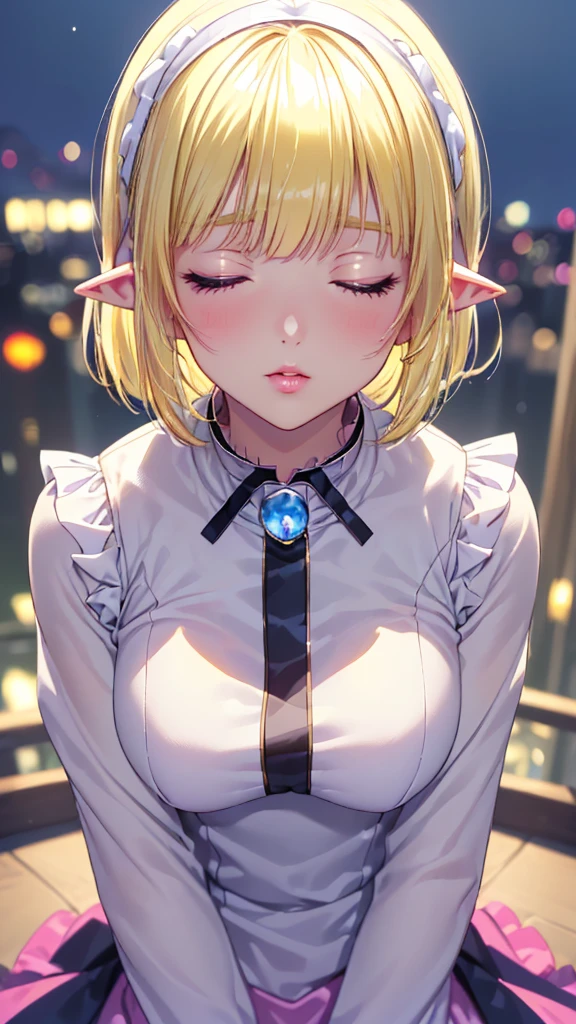 ((Closer to me))、((Focus on the upper body))、16k、masterpiece、High resolution、High resolution、((1 young elven female))、((Beautiful shiny white skin))、((Beautiful blonde))、((short hair))、((Close both eyes completely))、((Pointy Ears))、blush、Pink Lip Gloss、Shiny skin、((Neat clothes with frills))、((In a crowded city at night))、((Kiss me))