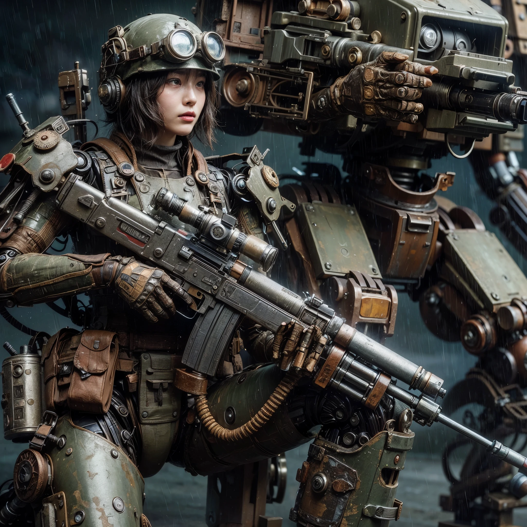 8k,Realistic Photo, Realistic Skin Texture, Superrealism, (WWII-like mechanical suit:1.2), collapsed city, heavy weapons,vivid textures,animal legs, gradation hair, japanese female soldier,(ultra beautiful face), ((super realistic all textures)), ((super intricate all details)), full body shot, ultra sharp photo result, Olive Drab color, scratch, Rust, weathering, steampunk, taken with Fuji film X-T30+Nokton. HDR10,Minimum of 4 pieces created