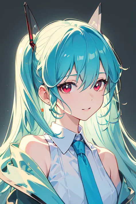 a masterpiece portrait of hatsune miku, wearing a white shirt with a blue tie, bare shoulders, separated sleeves, with an evil s...