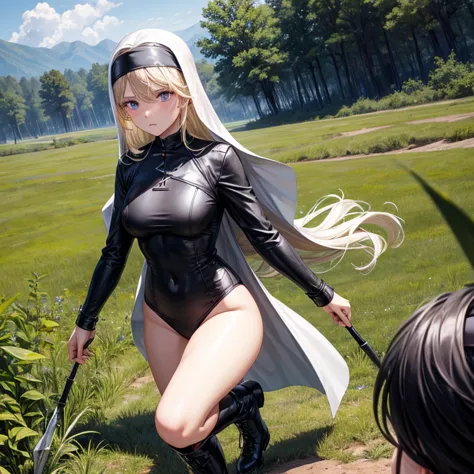 The background is a wilderness battlefield.、Nun in a black high-cut swimsuit、Blonde long hair、Black short boots、Enemy Soldiers&#...