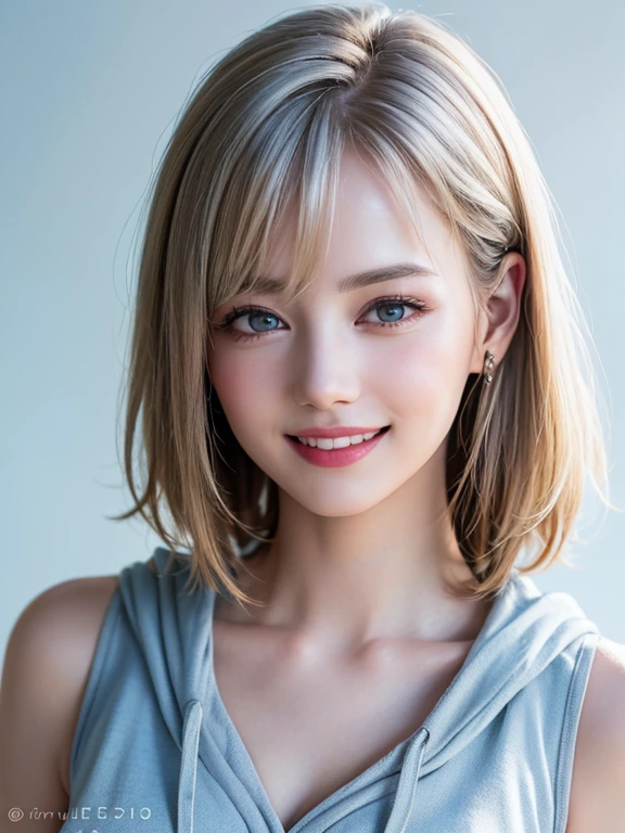 (highest quality、8k、32k、masterpiece)、(RAW Photos)、(Realistic)、(High resolution)、Very detailedな、Very beautiful face and eyes、One Girl、Round and small face、Delicate body、(close、highest quality、Rich skin detail、highest quality、8k)、Very detailed、(Realistic、Realistic:1.37)、Vibrant colors、(((Laughter)))、(((Silver Hair)))、(((Touch your chest with your right hand)))、(((smile)))、(((Bust Shot)))、(((White Background)))、((Medium Hair))、(((White wall background)))、(((blonde)))、(((She is wearing a sleeveless hoodie with a pop design..)))、(((Brown and light blue sleeveless hoodie)))、(((White wall background)))、