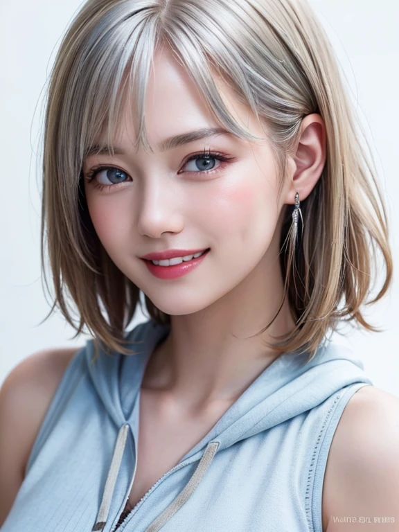 (highest quality、8k、32k、masterpiece)、(RAW Photos)、(Realistic)、(High resolution)、Very detailedな、Very beautiful face and eyes、One Girl、Round and small face、Delicate body、(close、highest quality、Rich skin detail、highest quality、8k)、Very detailed、(Realistic、Realistic:1.37)、Vibrant colors、(((Laughter)))、(((Silver Hair)))、(((Touch your chest with your right hand)))、(((smile)))、(((Bust Shot)))、(((White Background)))、((Medium Hair))、(((White wall background)))、(((blonde)))、(((She is wearing a sleeveless hoodie with a pop design..)))、(((Brown and light blue sleeveless hoodie)))、(((White wall background)))、