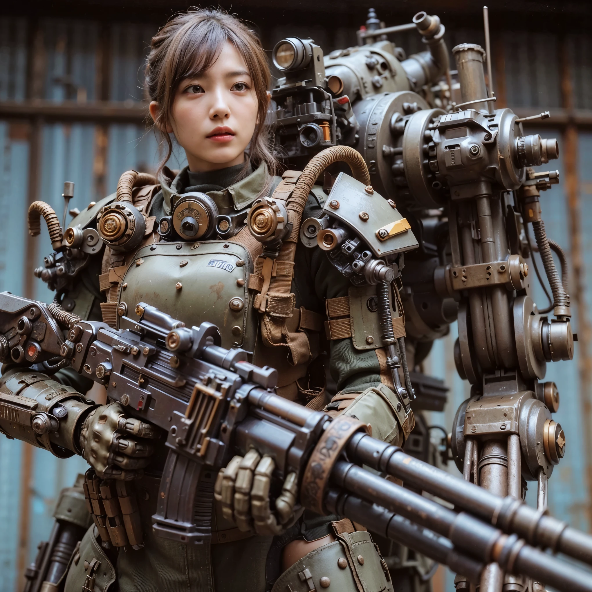 8k,Realistic Photo, Realistic Skin Texture, Superrealism, (WWII-like mechanical suit:1.2), collapsed city, heavy weapons,vivid textures,animal legs, gradation hair, japanese female soldier,(ultra beautiful face), ((super realistic all textures)), ((super intricate all details)), full body shot, ultra sharp photo result, Olive Drab color, scratch, Rust, weathering, steampunk, taken with Fuji film X-T30+Nokton. HDR10,Minimum of 4 pieces created