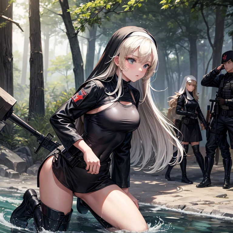 The background is a wilderness battlefield.、Nun in a black high-cut swimsuit、Blonde long hair、Black short boots、Enemy Soldiers&#39;The gun is pointed at the girl.、A girl who looks at the viewer with an innocent smile, unaware of anything、The girl is killed、The girl stands proudly with her chest held high、alone