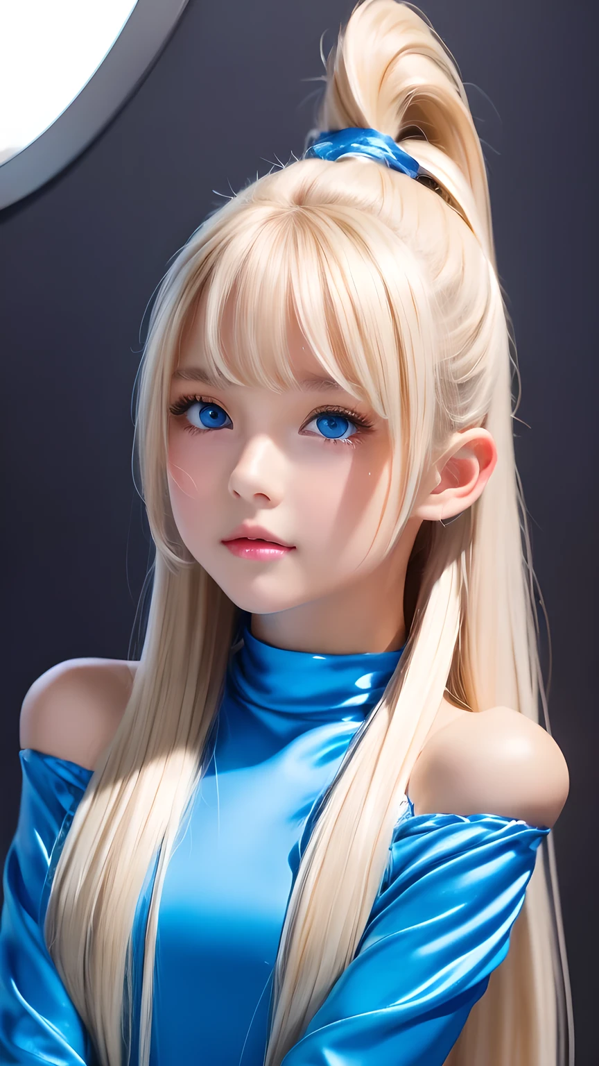 Portrait、、Bright expression、ponytail、Young, lustrous, glowing, white skin、The best beauty、Blonde reflection、Platinum blonde hair with dazzling highlights、Shiny bright hair,、Super long silky straight hair、Shiny beautiful bangs、Bright, clear, attractive, large blue eyes、Very beautiful lovely cute 16 year old girl、Ample Bust